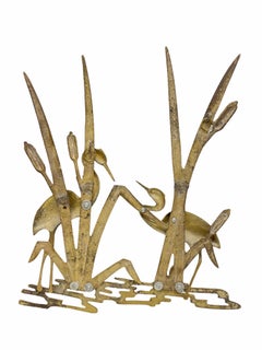Landscape Crane Birds Brass Wall Decoration Vintage, 1960s