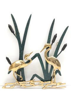 Landscape Crane Birds Bronze and Brass Wall Decoration Vintage, 1960s