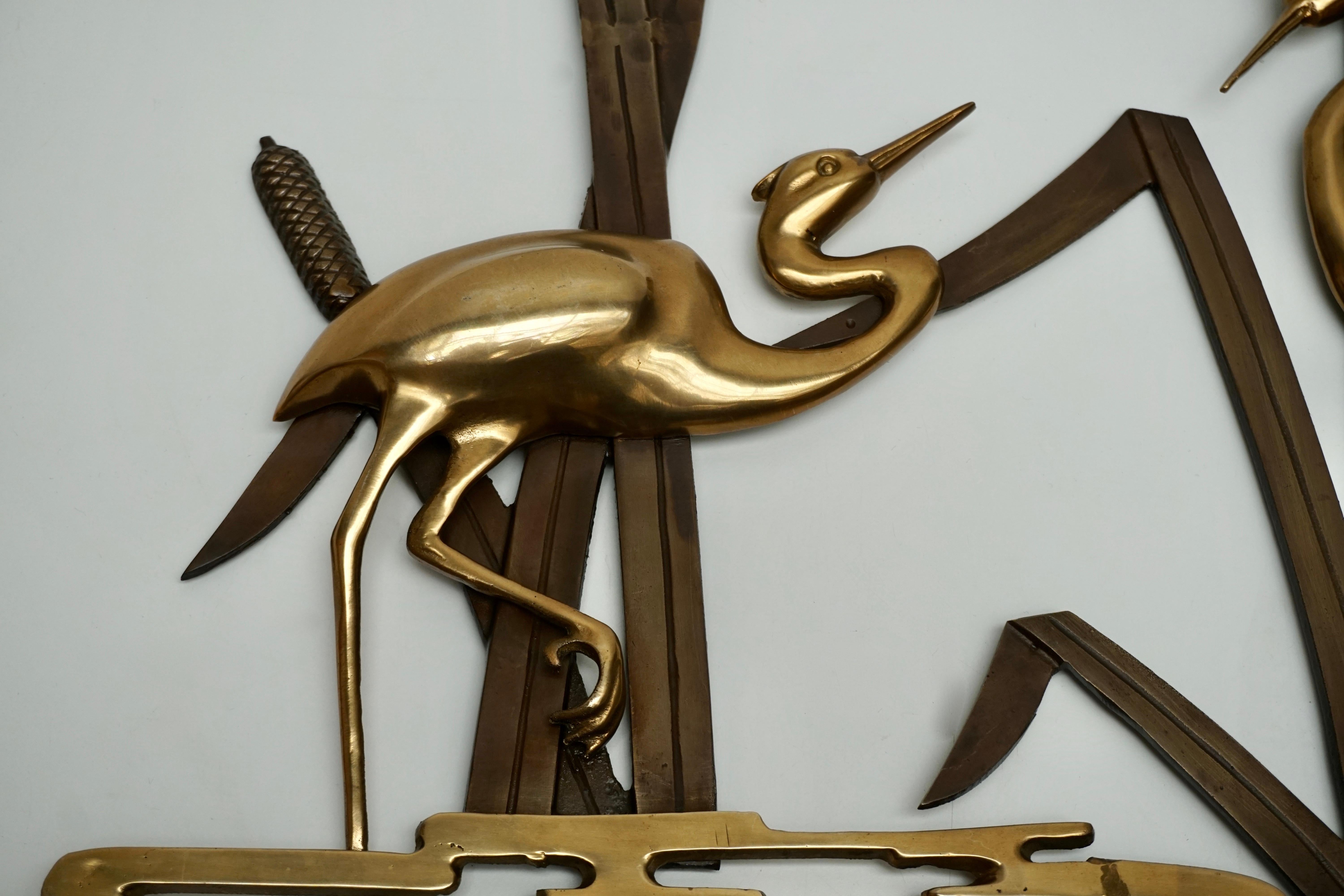 Belgian Landscape Crane Birds in Bronze and Brass Wall Decoration, 1960s For Sale