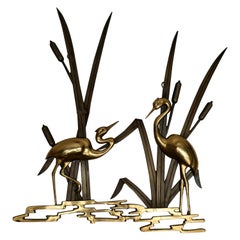 Décoration murale en bronze et laiton - Oiseaux grues de paysage, années 1960