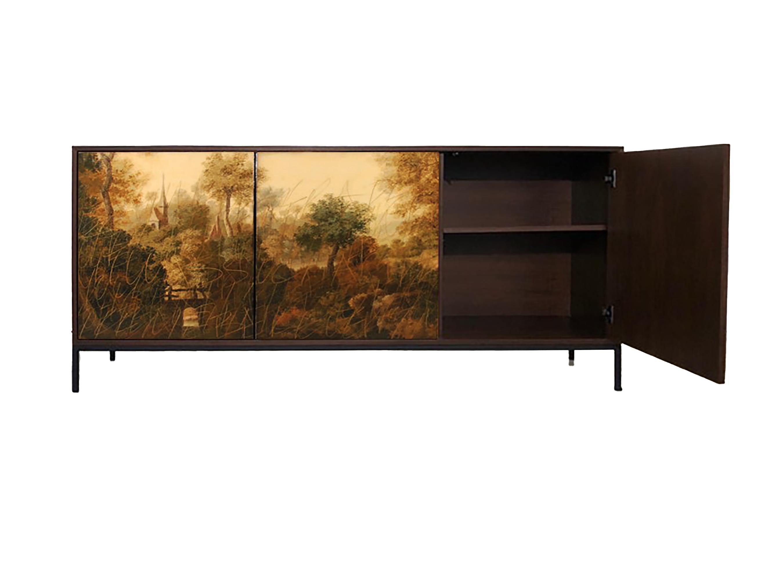 Contemporary Landscape Credenza by Morgan Clayhall, mix media artwork on doors For Sale