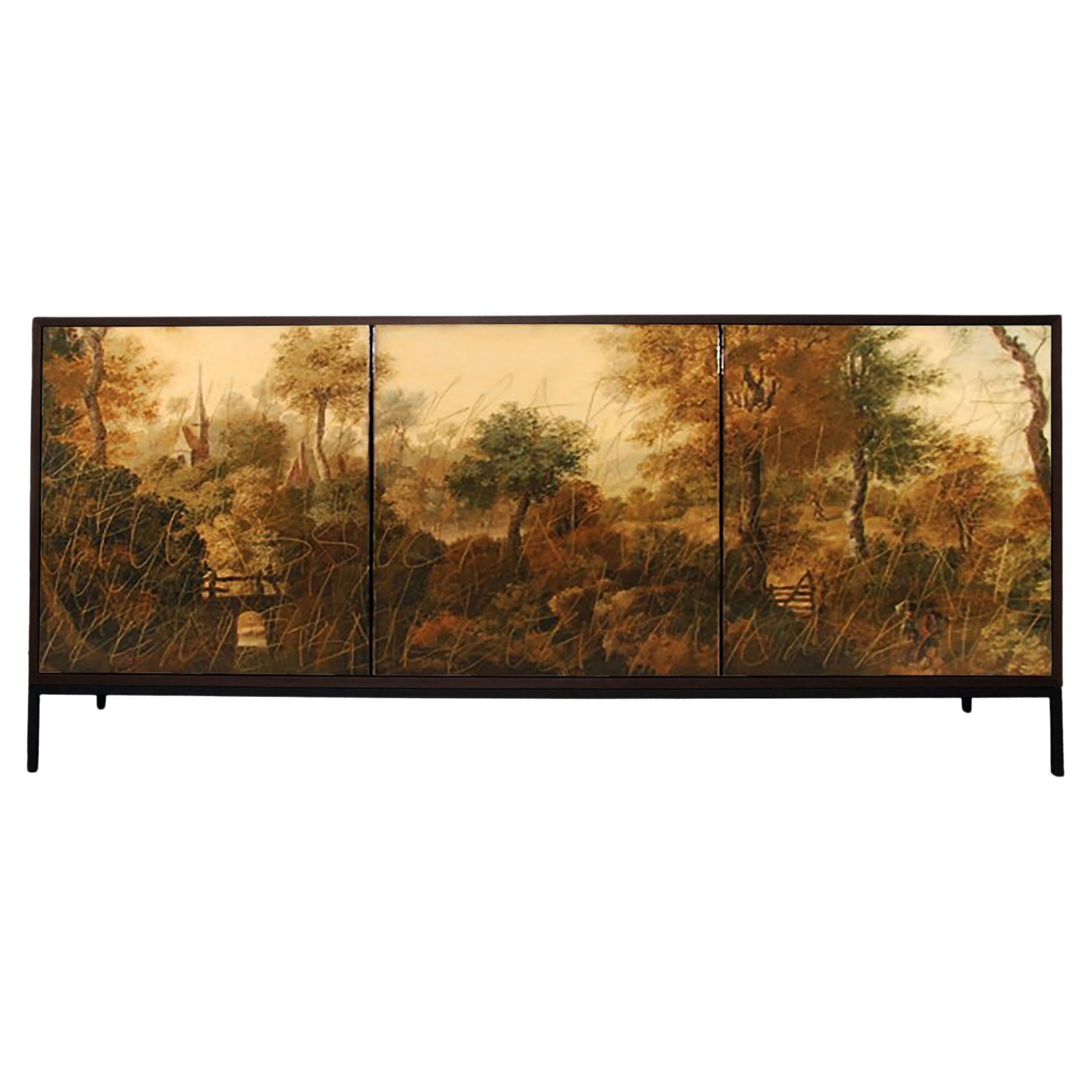 Landscape Credenza by Morgan Clayhall, mix media artwork on doors For Sale