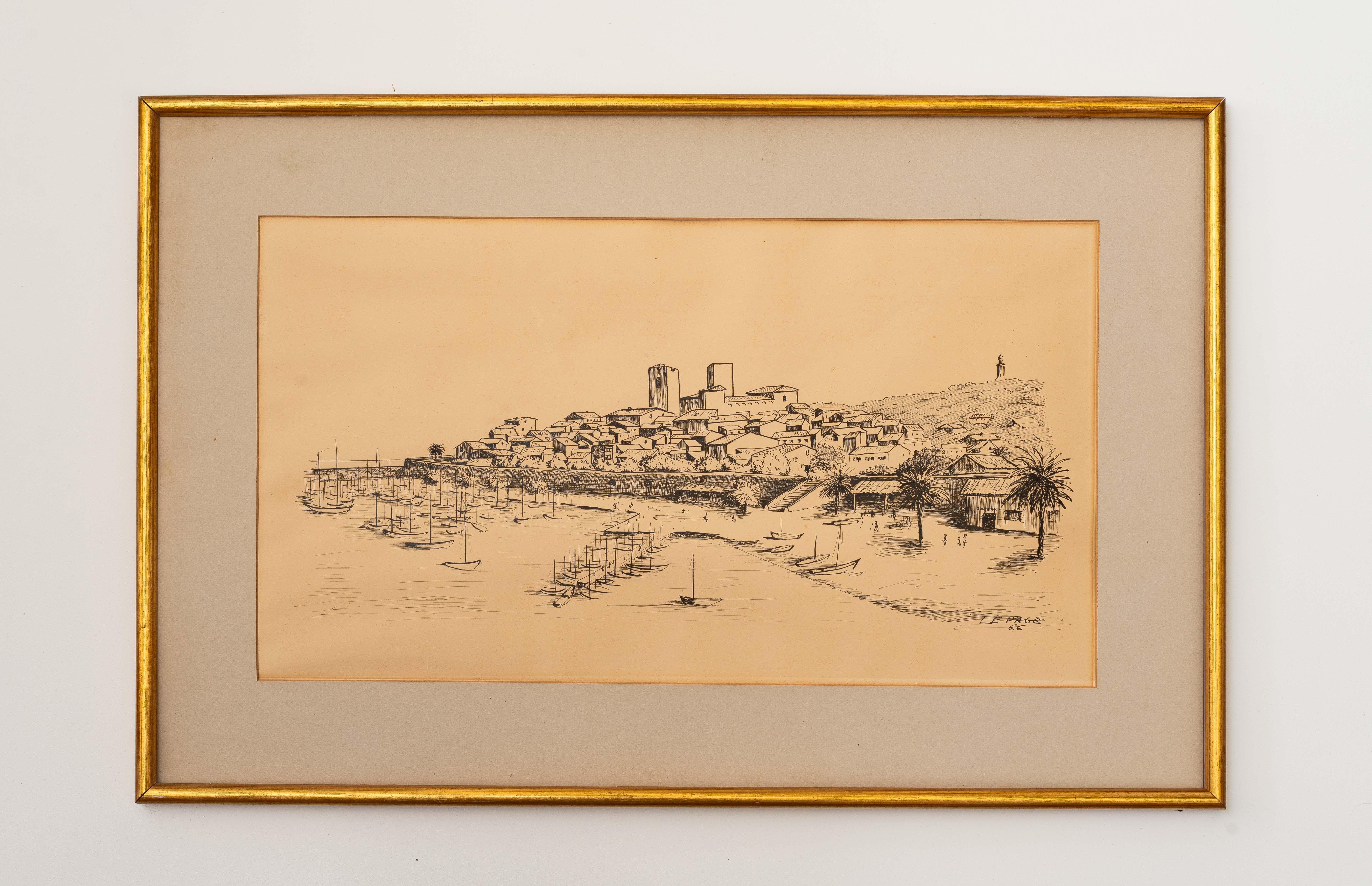 Disegno di paesaggio, pennarello nero Scena di barca e porto, Francia 1966 in vendita 2
