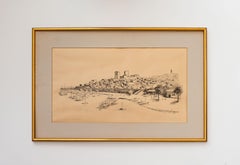 Landscape Drawing, Black Marker Boat and Harbor Scene, France 1966