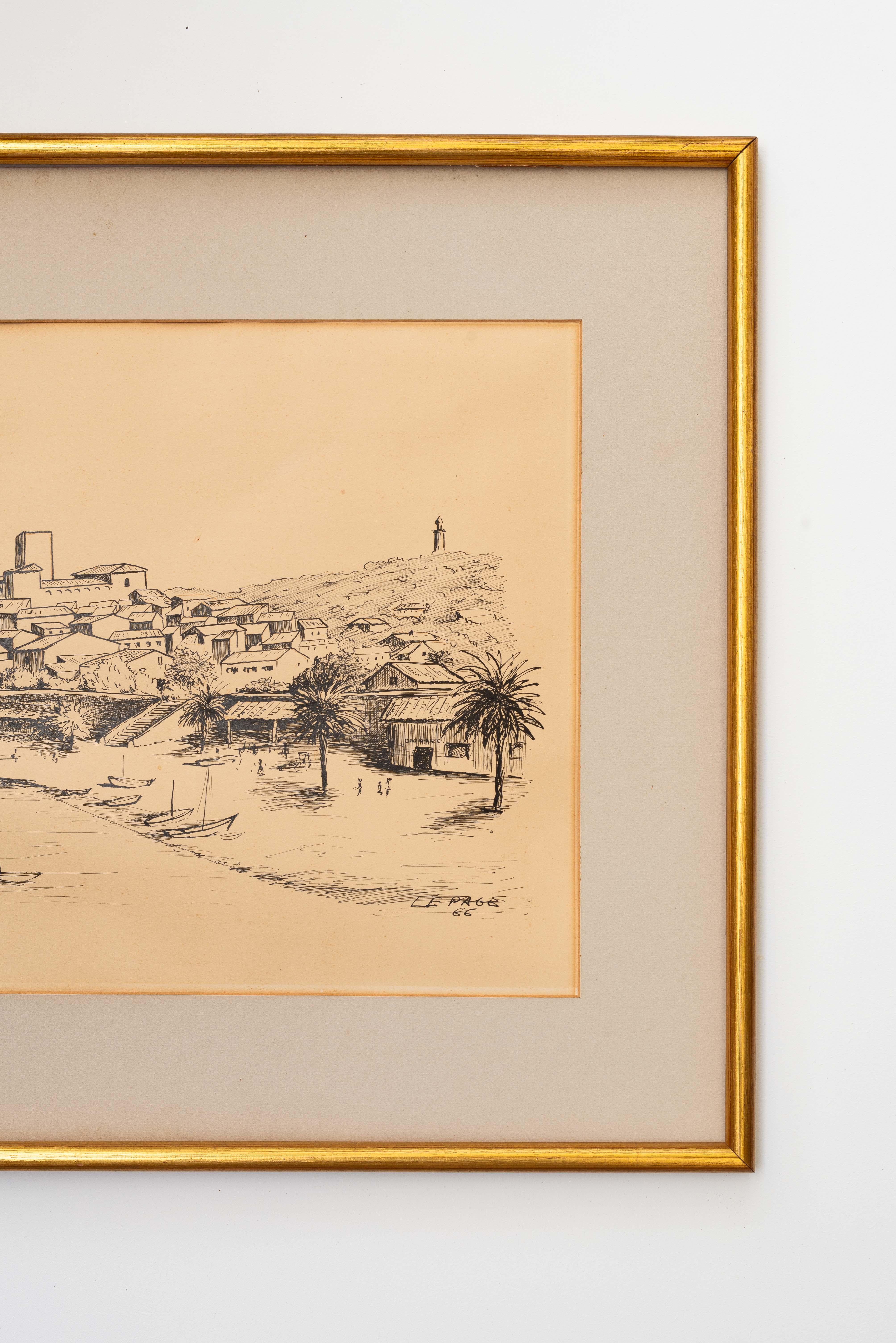 Mid-Century moderno Disegno di paesaggio, pennarello nero Scena di barca e porto, Francia 1966 in vendita