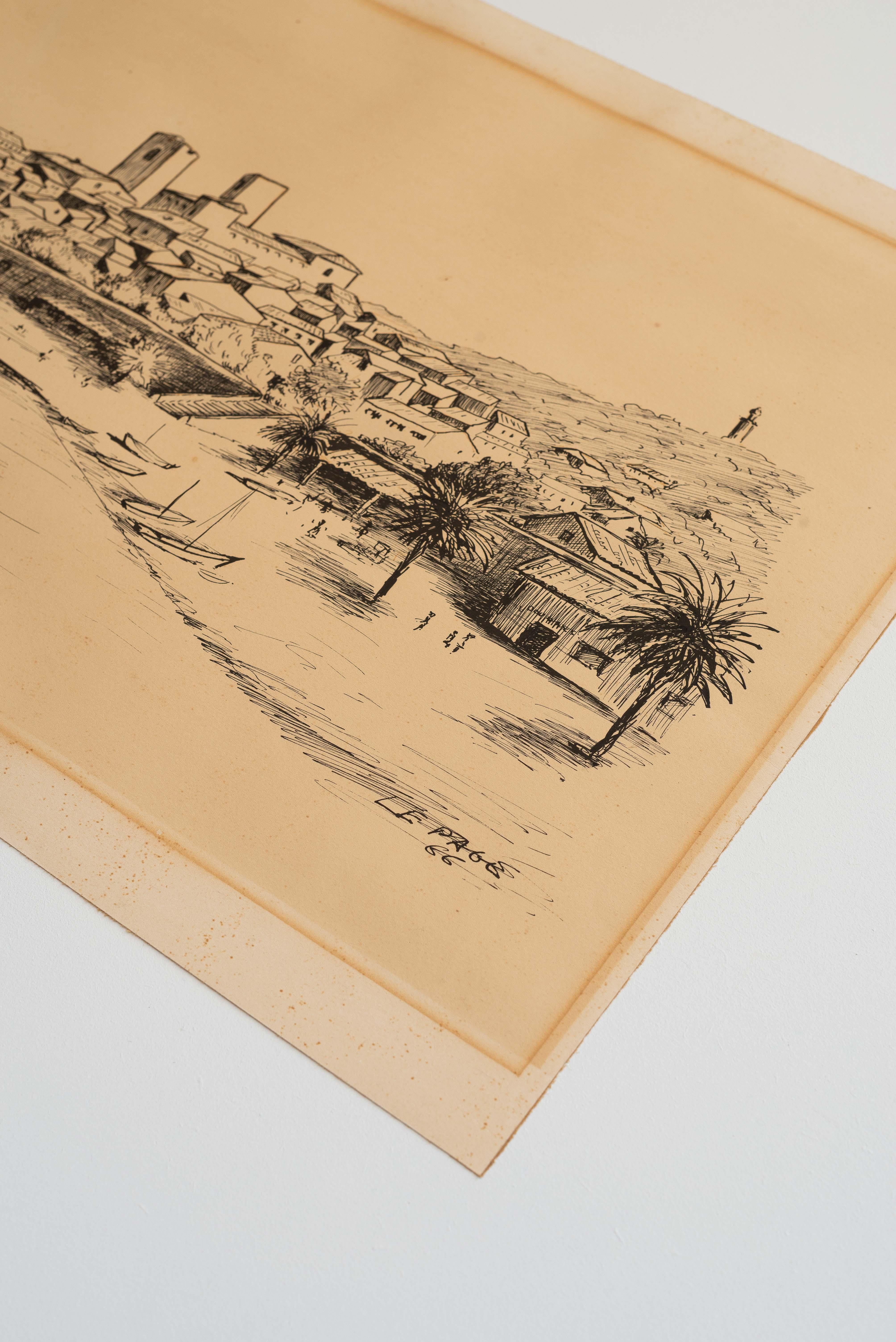 Francese Disegno di paesaggio, pennarello nero Scena di barca e porto, Francia 1966 in vendita