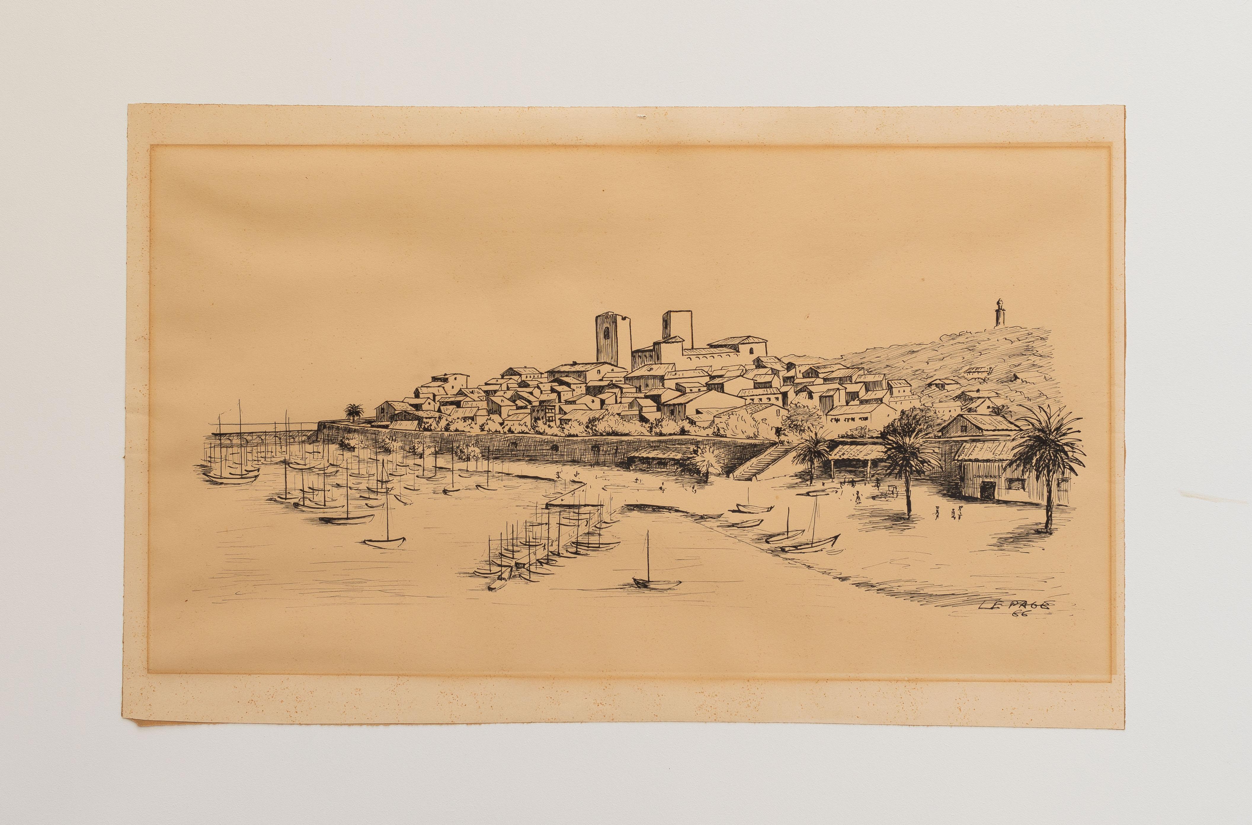 Realizzato con acquaforte Disegno di paesaggio, pennarello nero Scena di barca e porto, Francia 1966 in vendita