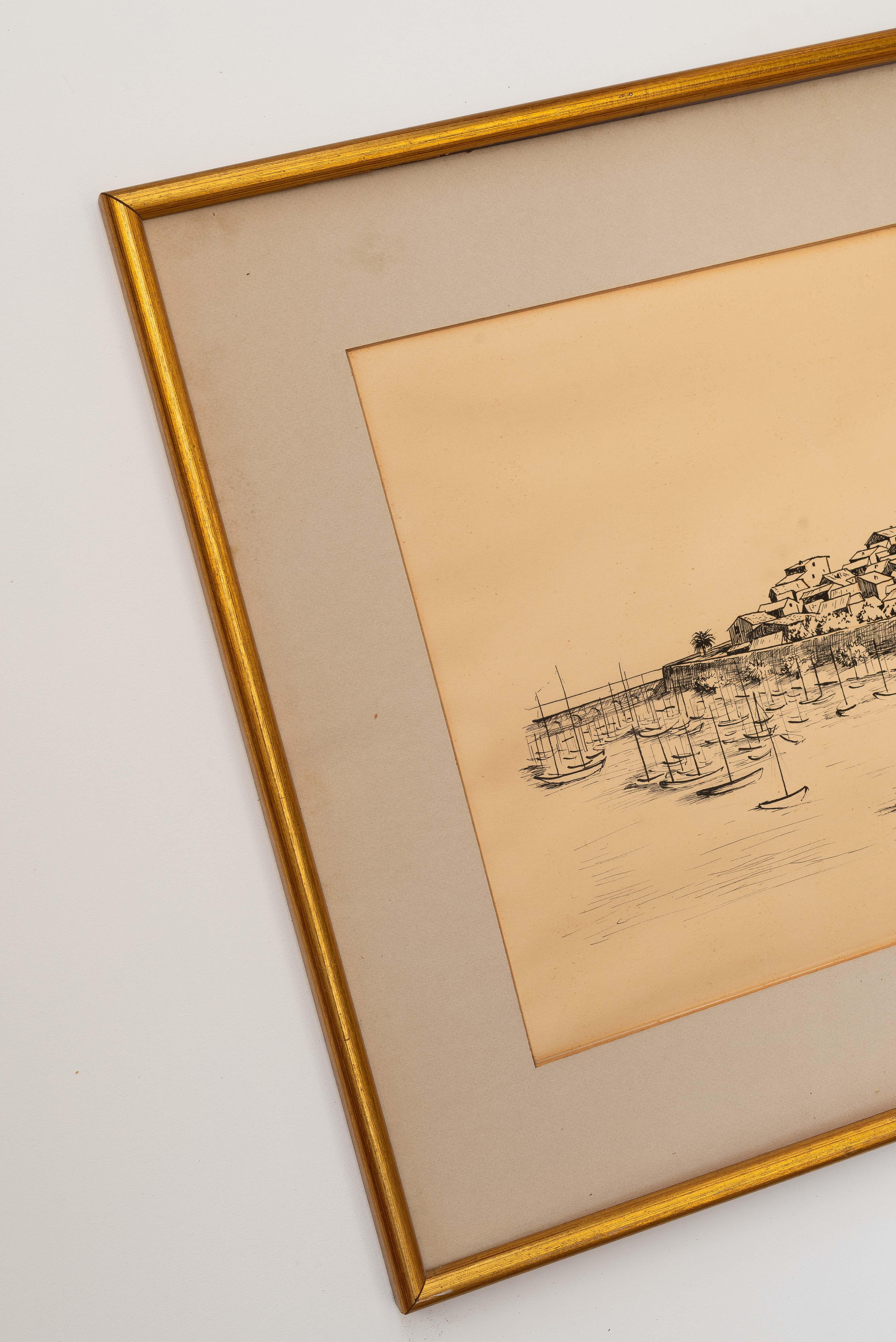 Disegno di paesaggio, pennarello nero Scena di barca e porto, Francia 1966 In condizioni buone in vendita a ROUEN, FR