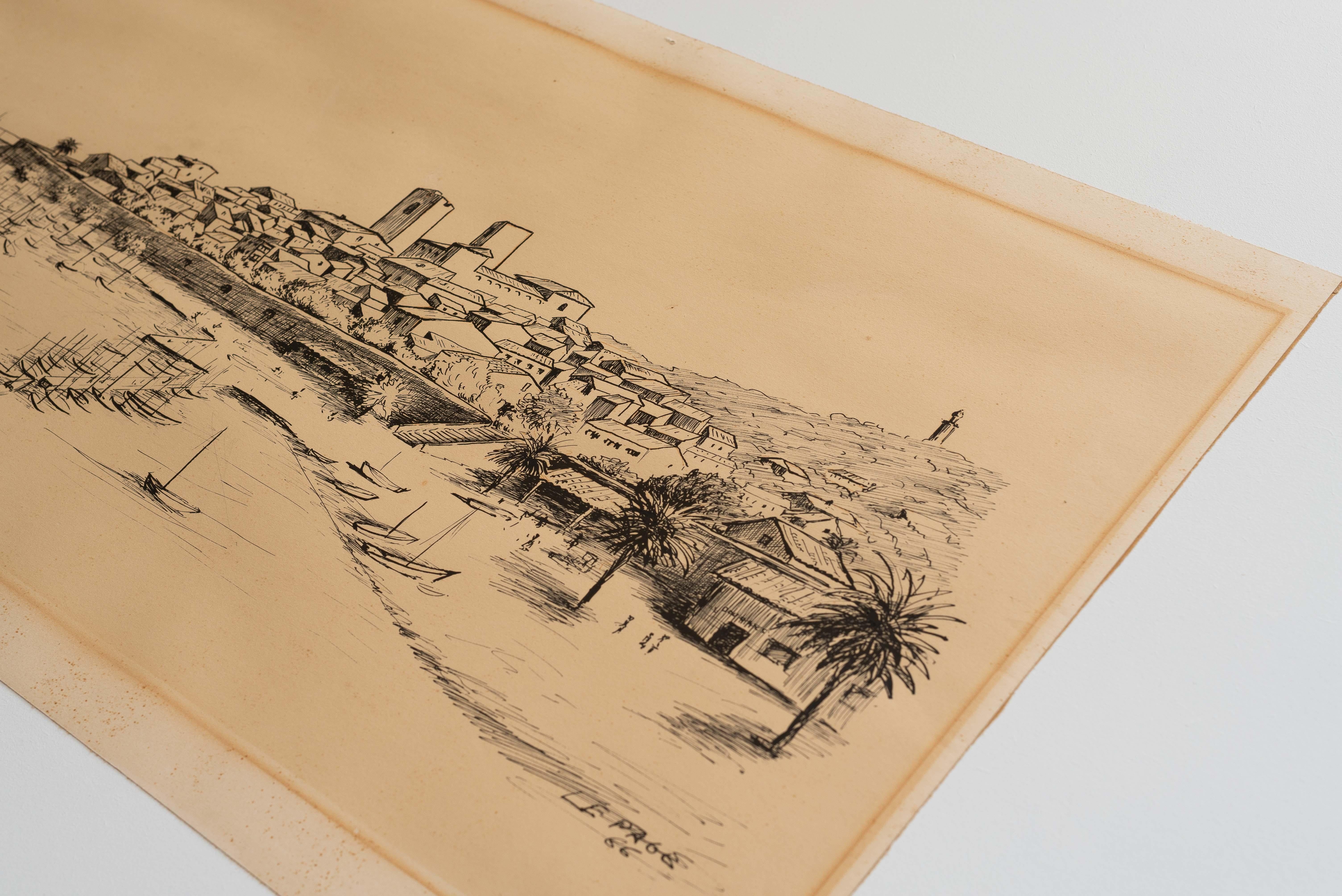 Legno Disegno di paesaggio, pennarello nero Scena di barca e porto, Francia 1966 in vendita