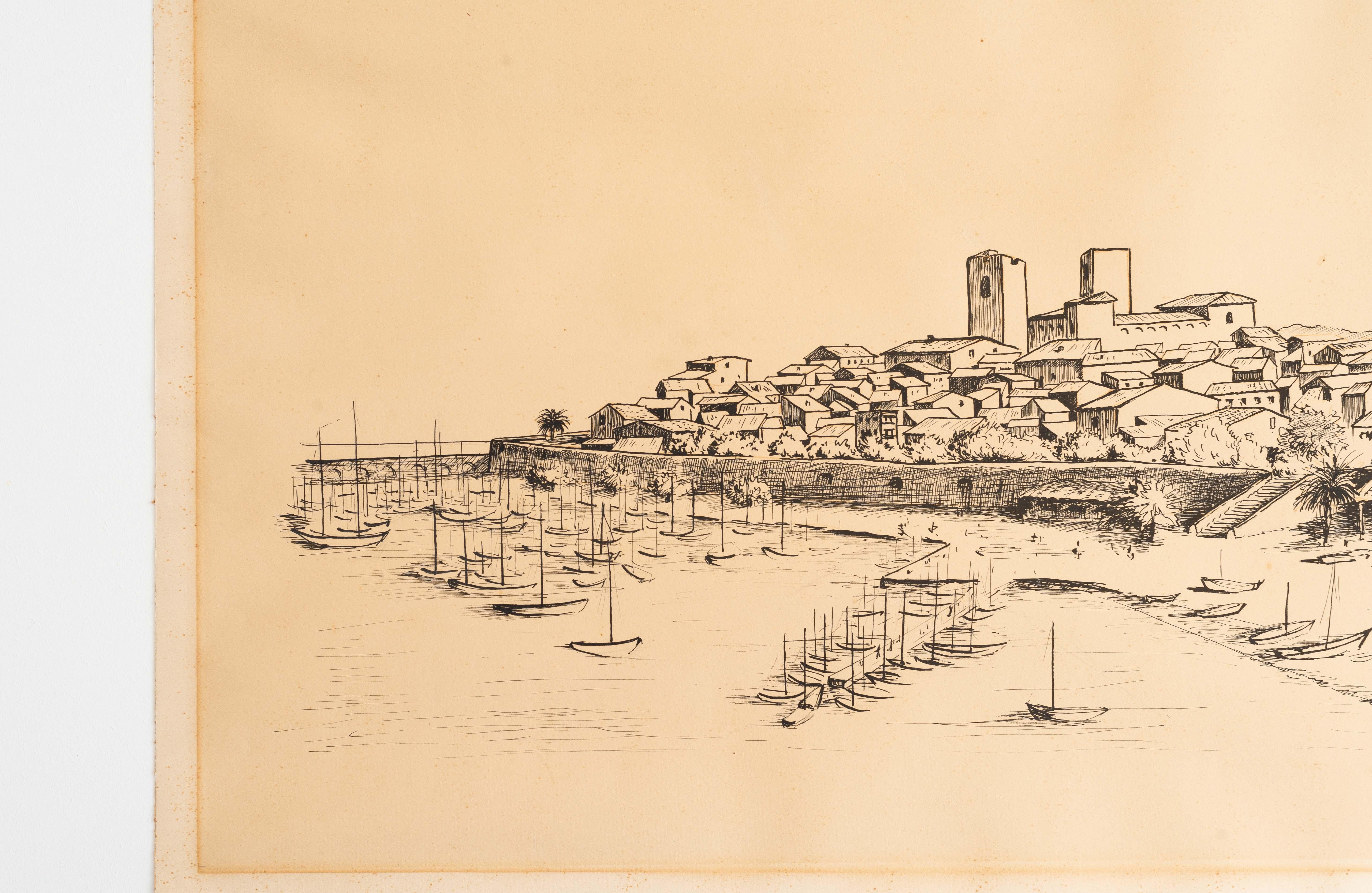Disegno di paesaggio, pennarello nero Scena di barca e porto, Francia 1966 in vendita 1