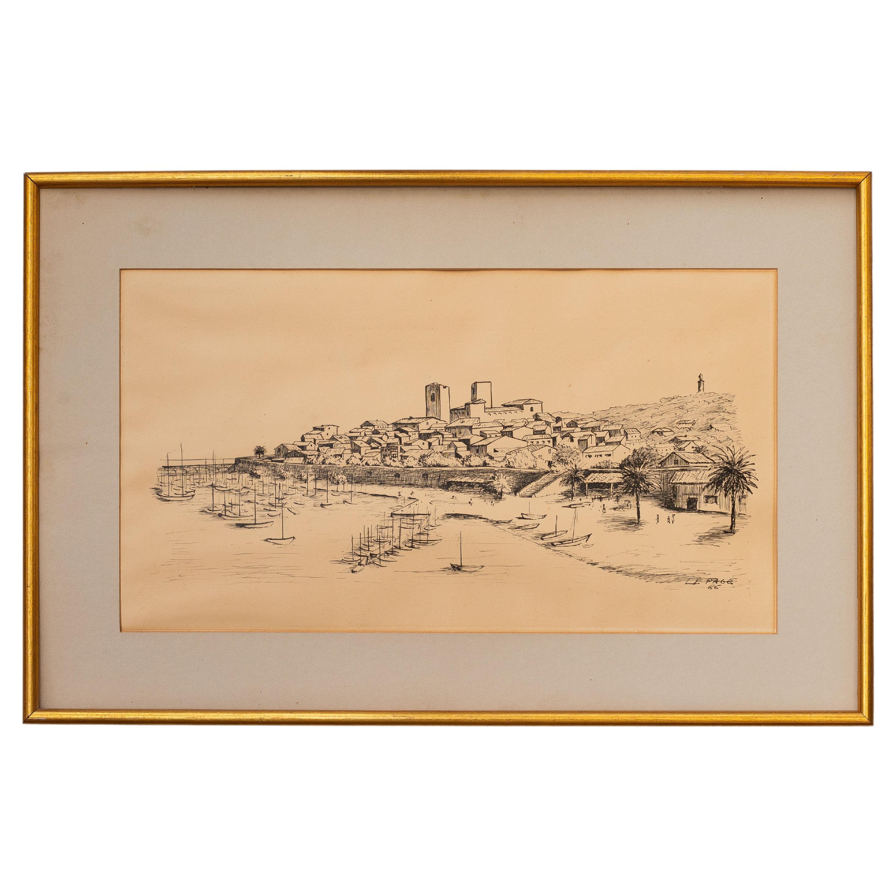 Disegno di paesaggio, pennarello nero Scena di barca e porto, Francia 1966 in vendita