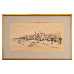Dessin de paysage, marqueur noir Bateau et scène de port, France 1966