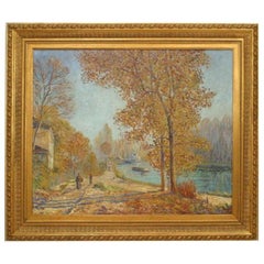 Autumn Canal Edge Painting, Hand-Painted, Victorian Style, USA