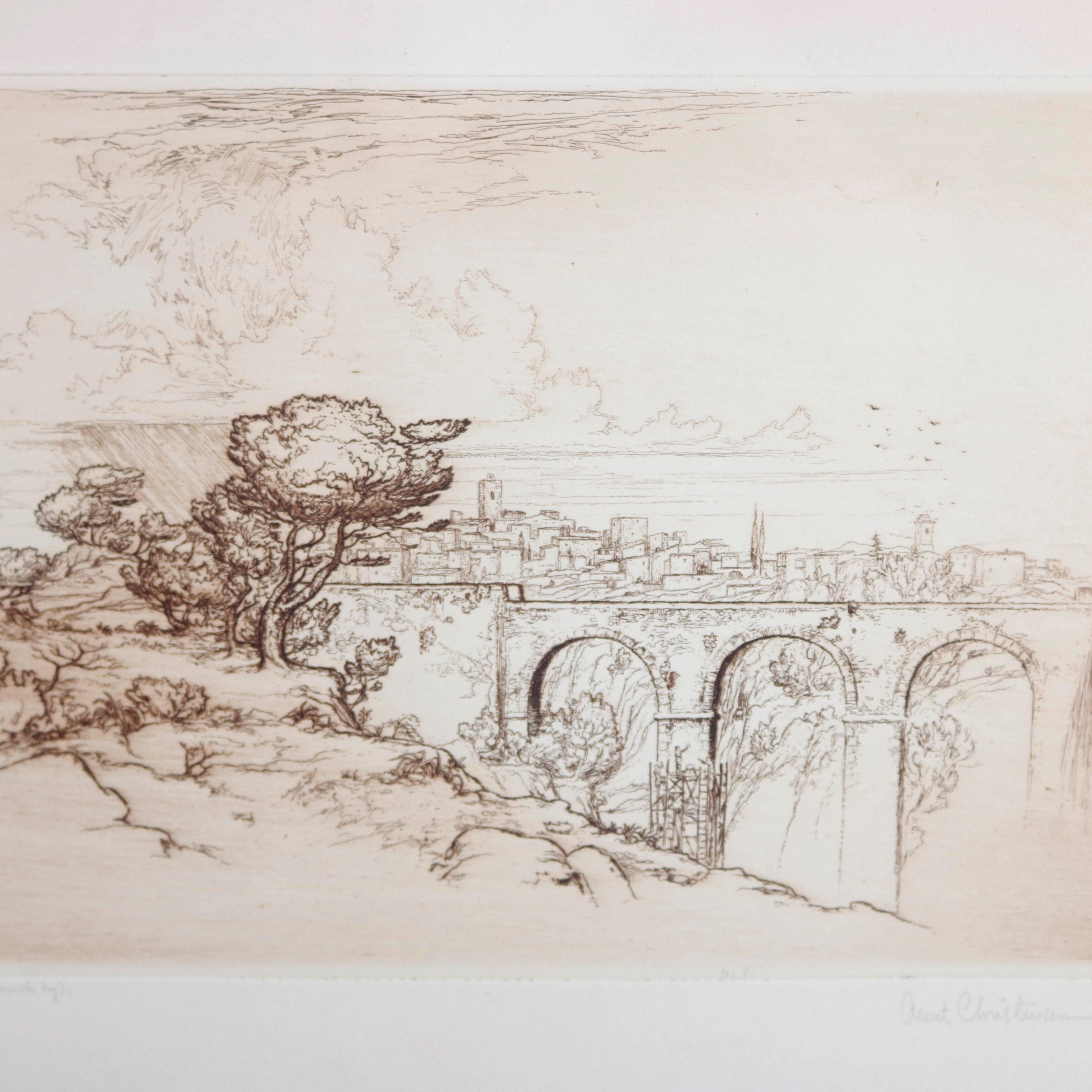 A landscape etching by Arent Christensen depicts figures working on stone bridge in river gorge setting, artist-signed as photographed, seated in tiger maple frame, 20th century


Measures: 16.5