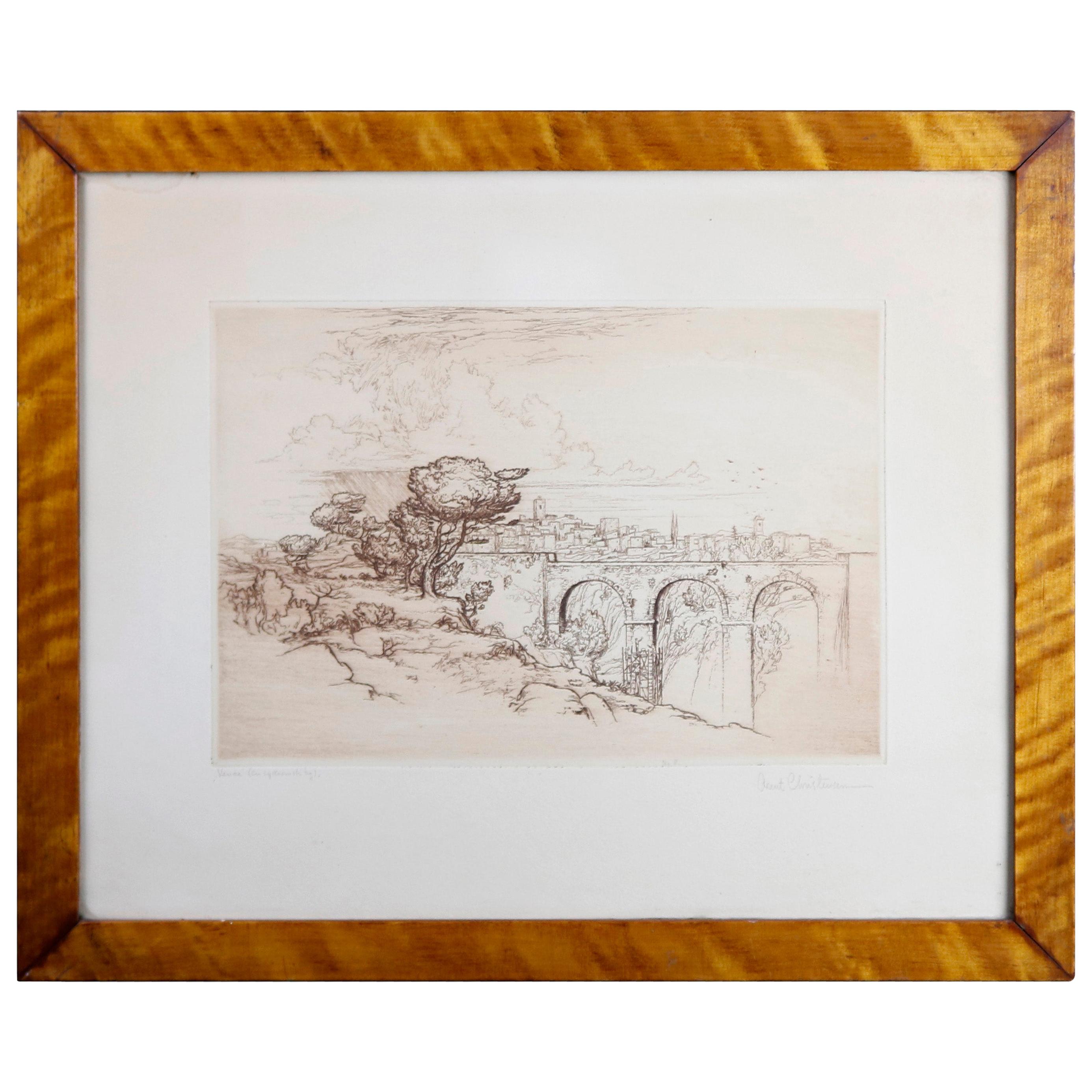 Gravure de paysage avec pont de pierre et personnages par Arent Christensen, 20e siècle