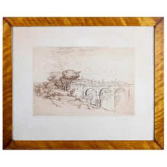 Gravure de paysage avec pont de pierre et personnages par Arent Christensen, 20e siècle