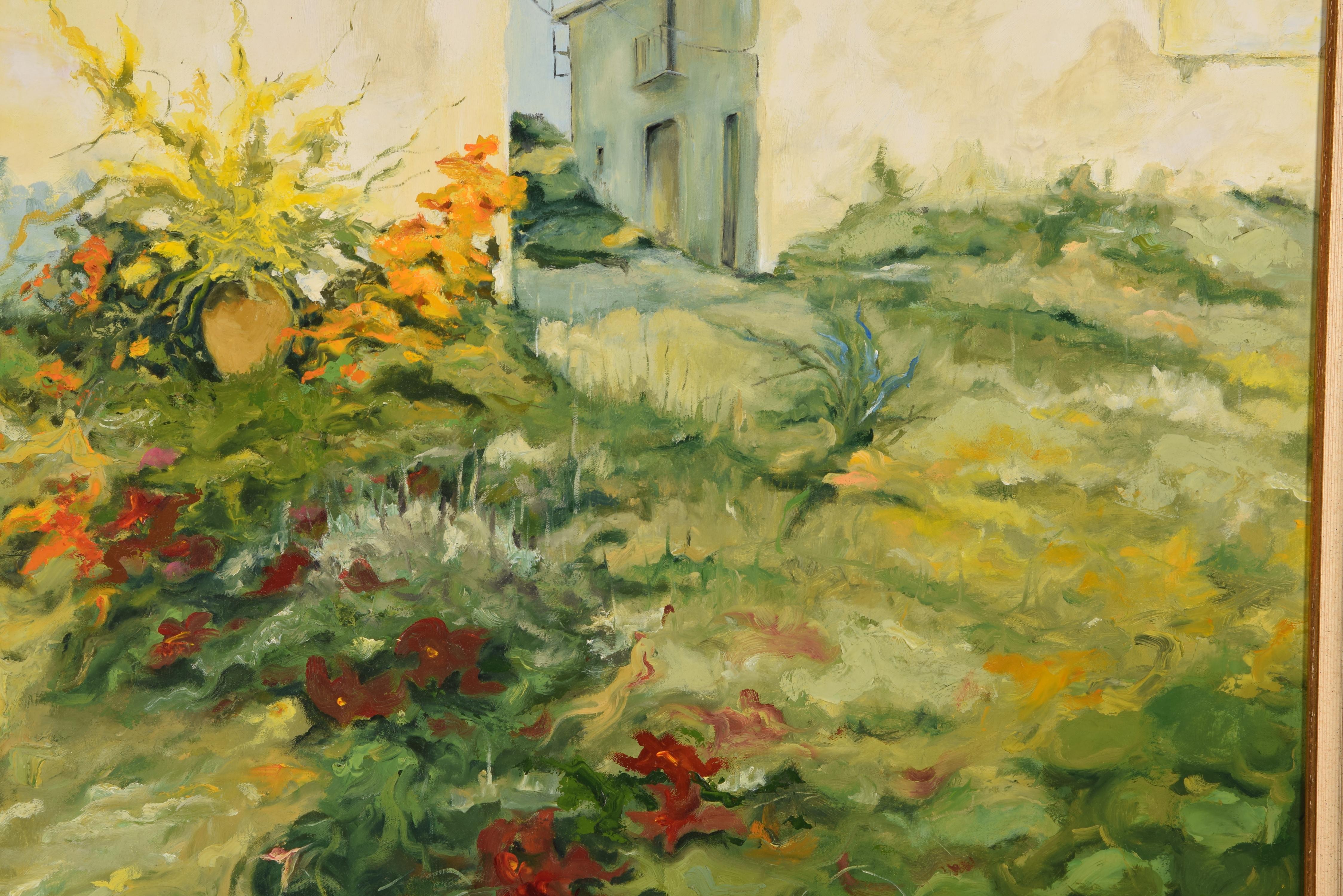  Landscape, “Geraniums.” Oil on canvas. Spanish School, 1999. 
Signed and titled (back). A rural landscape that focuses on the representation of flowers, revealing buildings in the background. The painting uses a very loose technique, with a clear