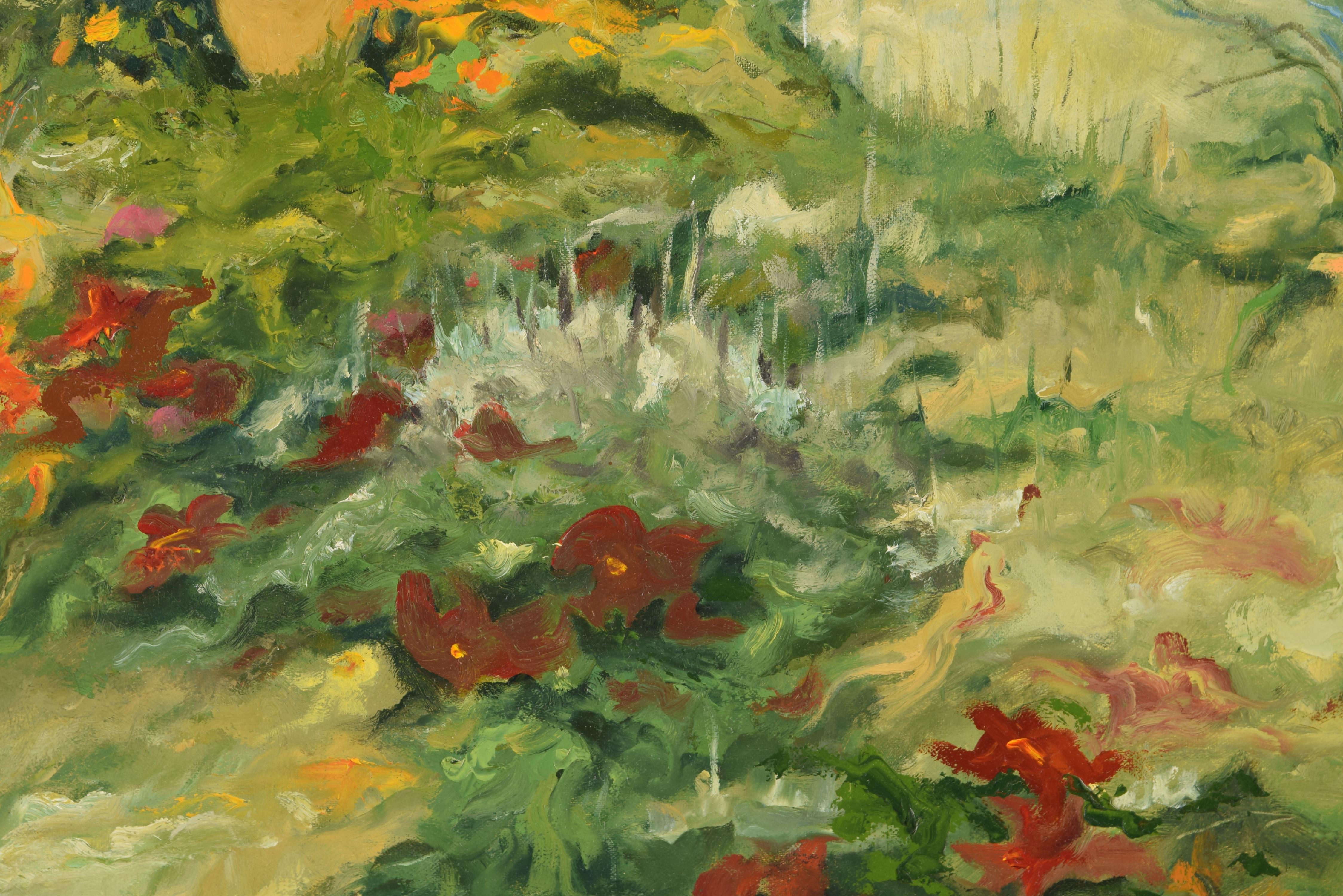 Landscape, “Geraniums.” Oil on canvas. Spanish School, 1999. In Good Condition For Sale In Madrid, ES