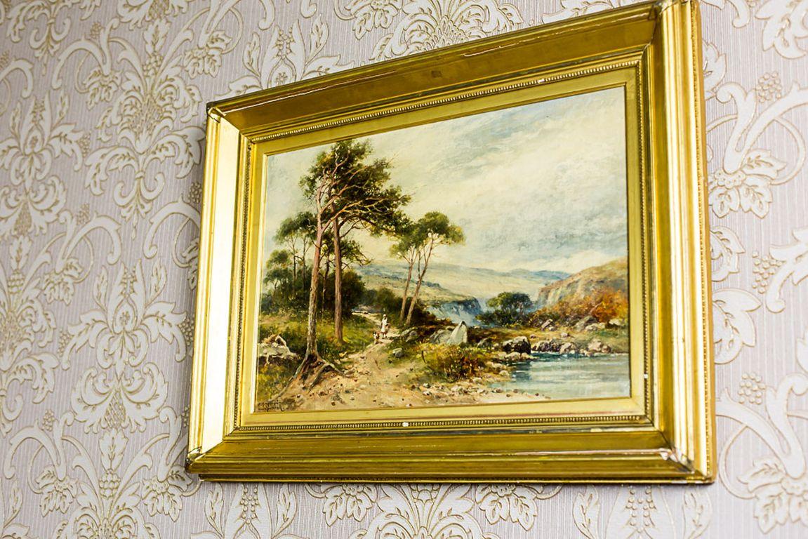 A landscape with a staffage from the end of the 19th century.
An oil on canvas, signed by Carl Brennir.
The artist was creating in the years 1850-1920.

The fabric is in very good condition. Slight craqueiure is visible in some