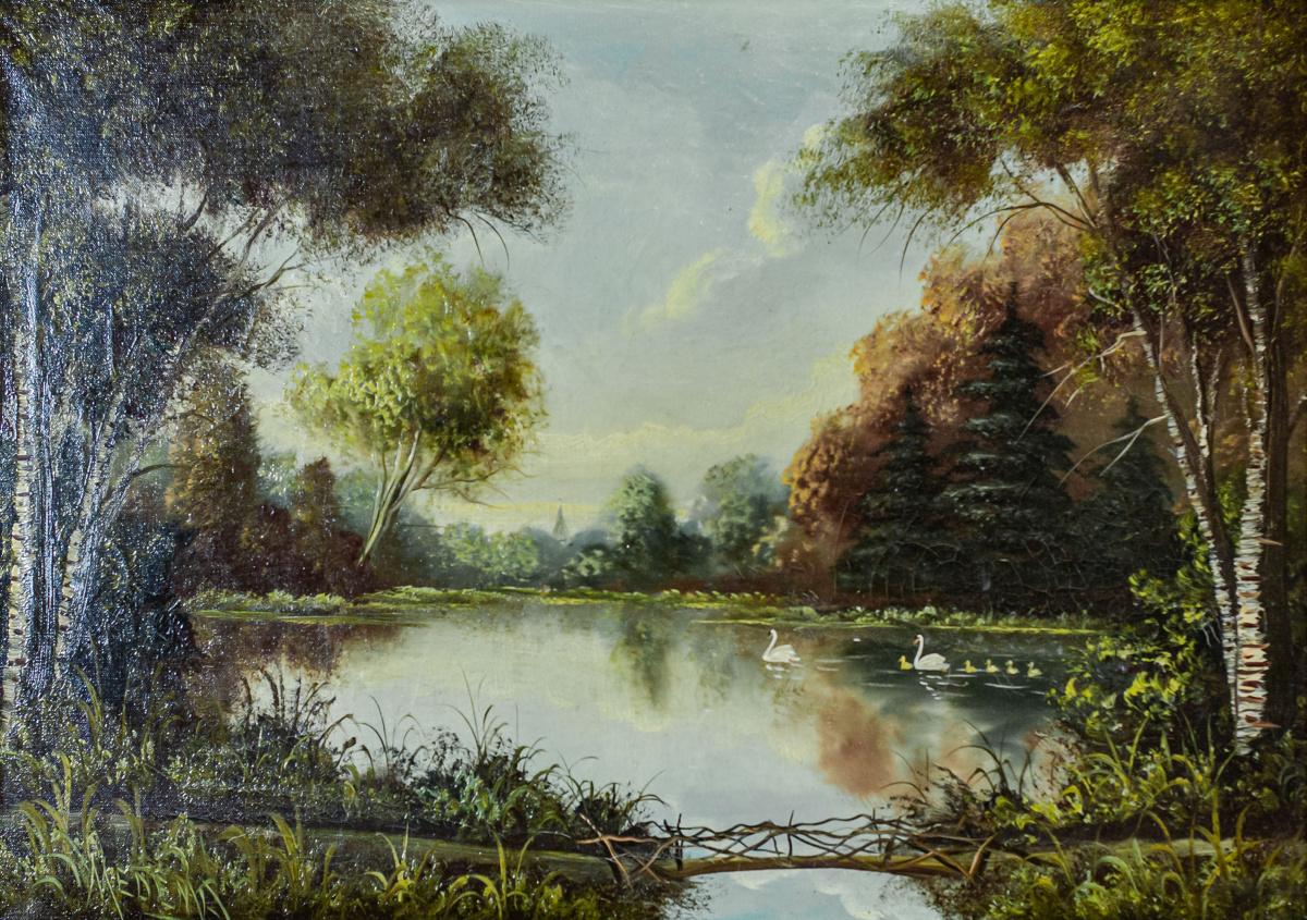 We present you an oil on canvas in a neo-rococo frame.
The frame is wooden, covered with molding, and painted in old gold.
The landscape depicts a park.

This piece of art is in very good condition. There are cracks on the surface. Moreover, the