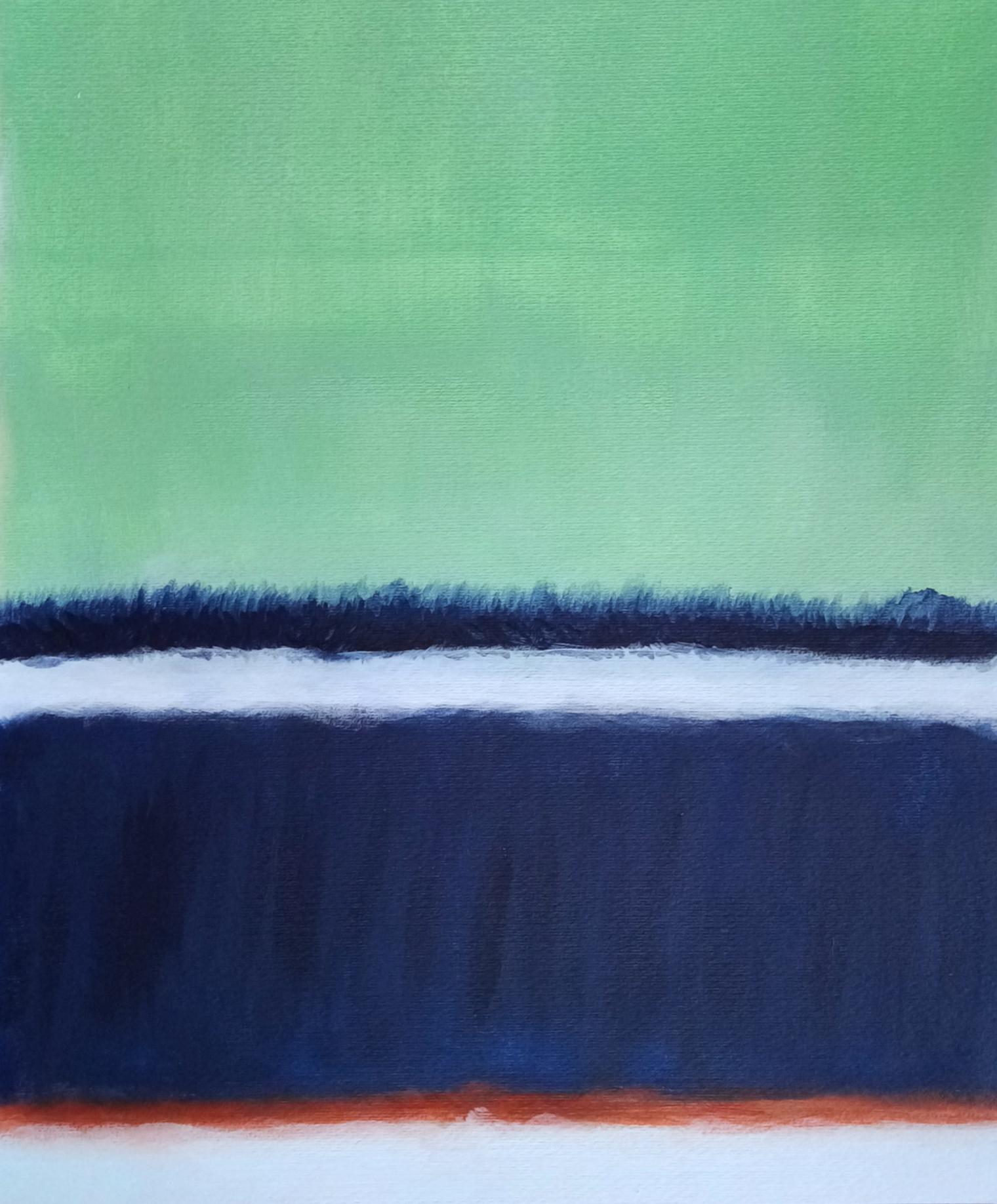 Modern Landscape in Blue Frame, Acrylic on Paper     free delivery 