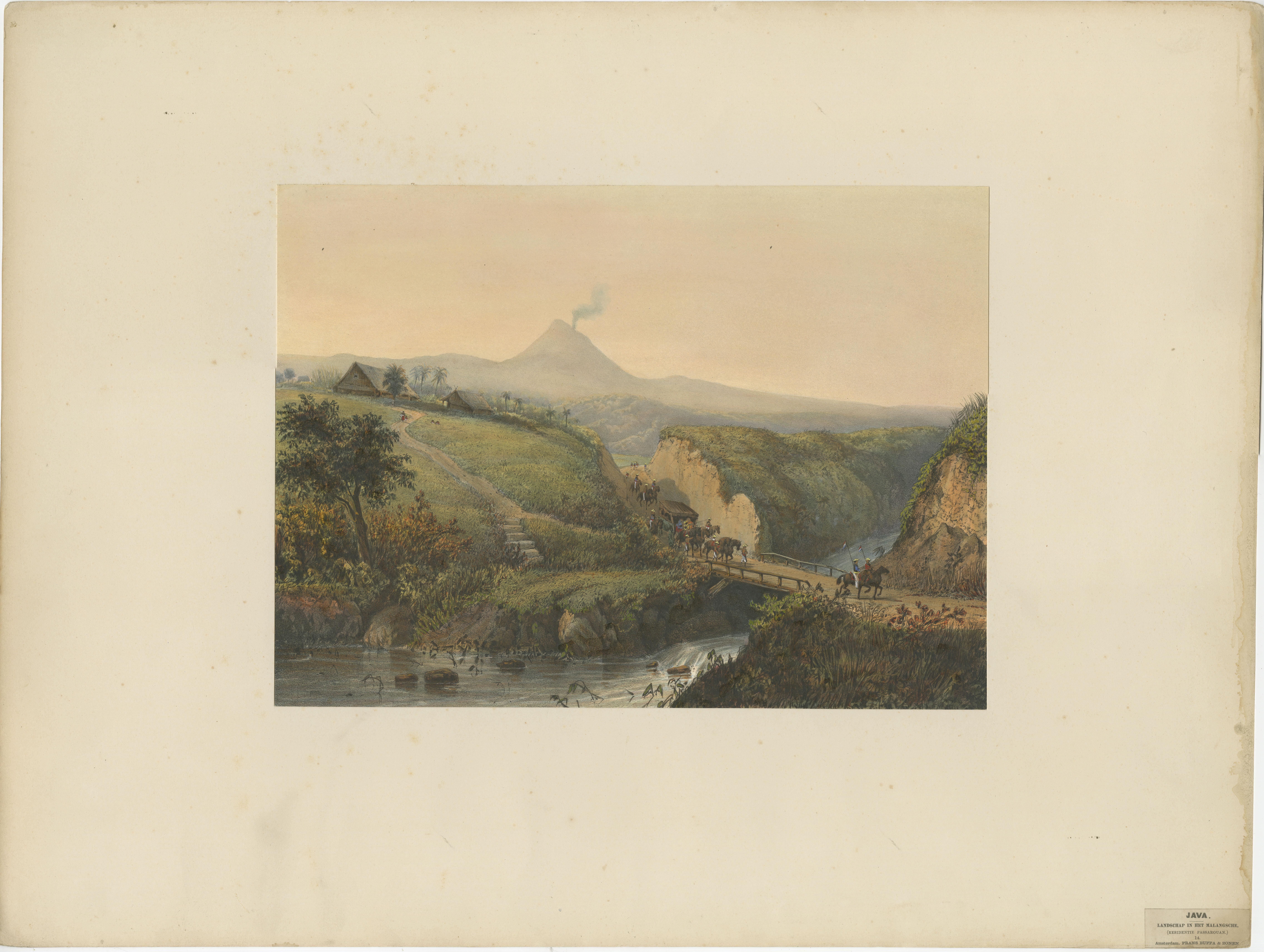 Landscape near Probolinggo with Smoking Volcano – Java Lithograph, Published 1872

This scenic and historically rich chromolithograph presents a dynamic landscape near Probolinggo in East Java - near Malang-, dominated by a gently smoking volcano