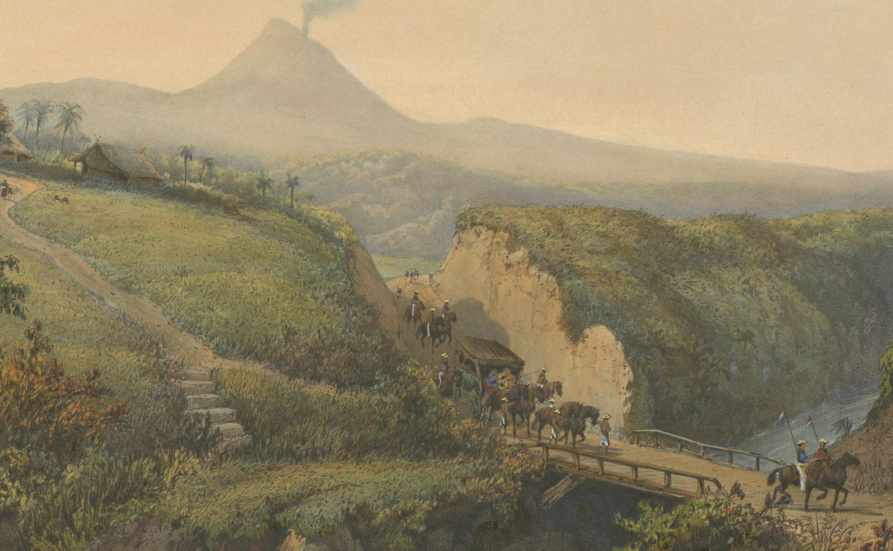 Landscape near Probolinggo with Smoking Volcano – Java Lithograph, c.1872 In Good Condition For Sale In Langweer, NL