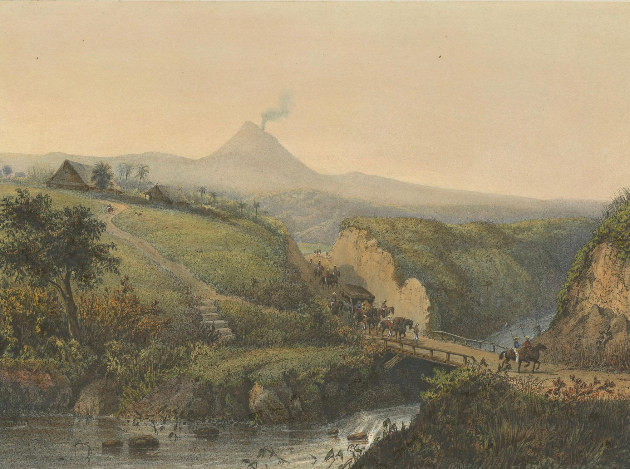 Late 19th Century Landscape near Probolinggo with Smoking Volcano – Java Lithograph, c.1872 For Sale