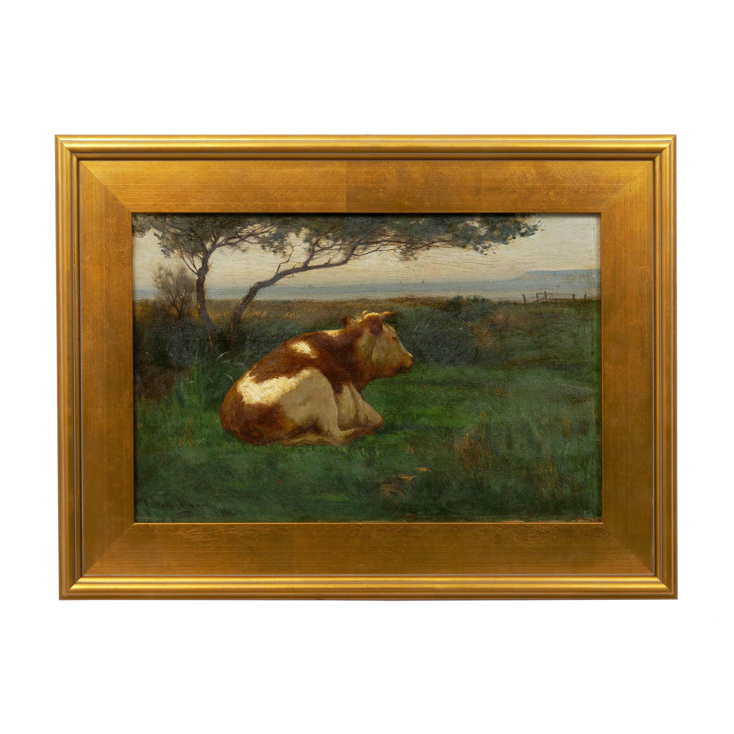 A fine tonalist painting depicting a resting bull in a pastoral landscape overlooking a quiet horizon beneath a large tree. The lighting of the subject is interesting in how the bull is brilliant and the surrounding light fades away into the dark