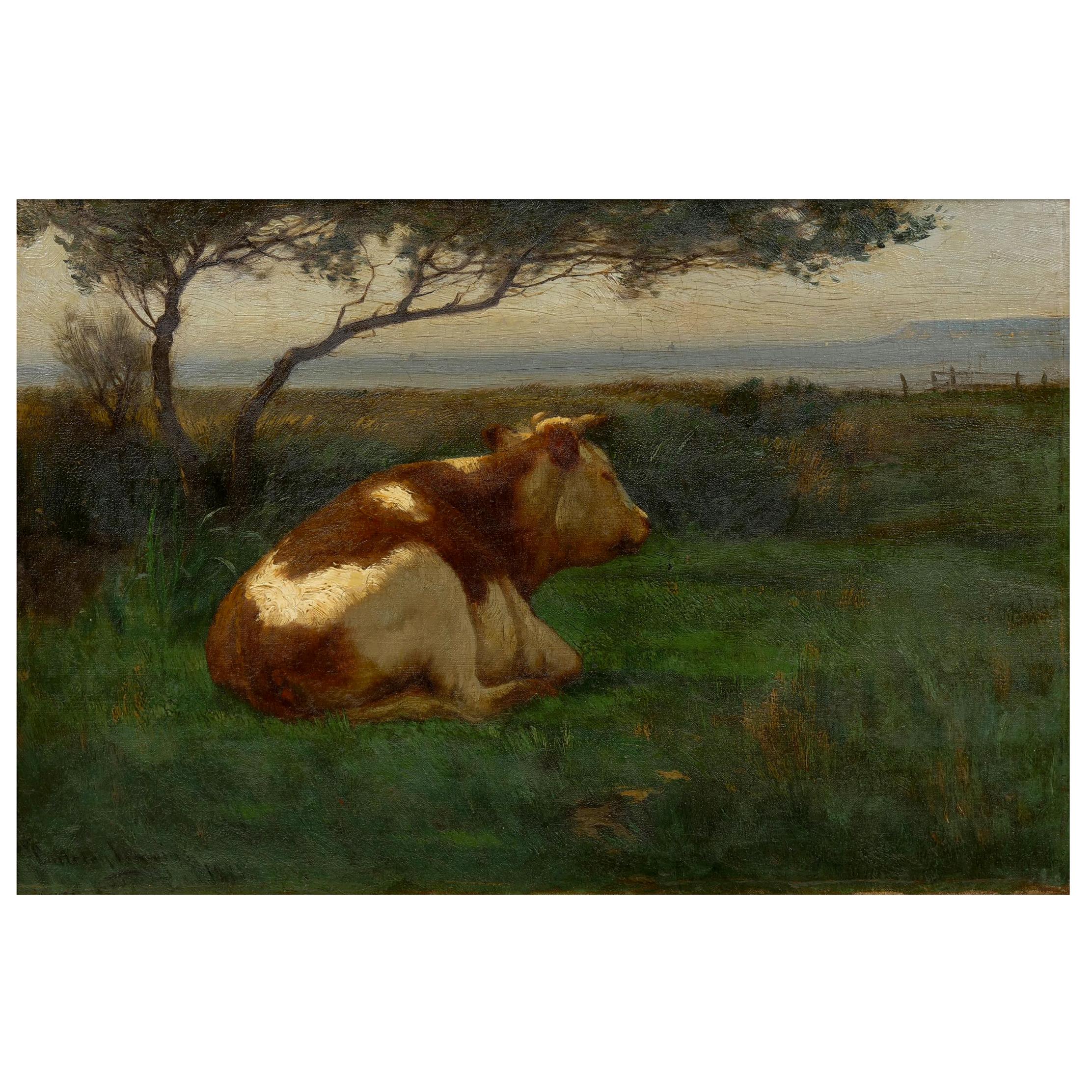 “Landscape of a Resting Bull” Oil Painting by John Carleton Wiggins