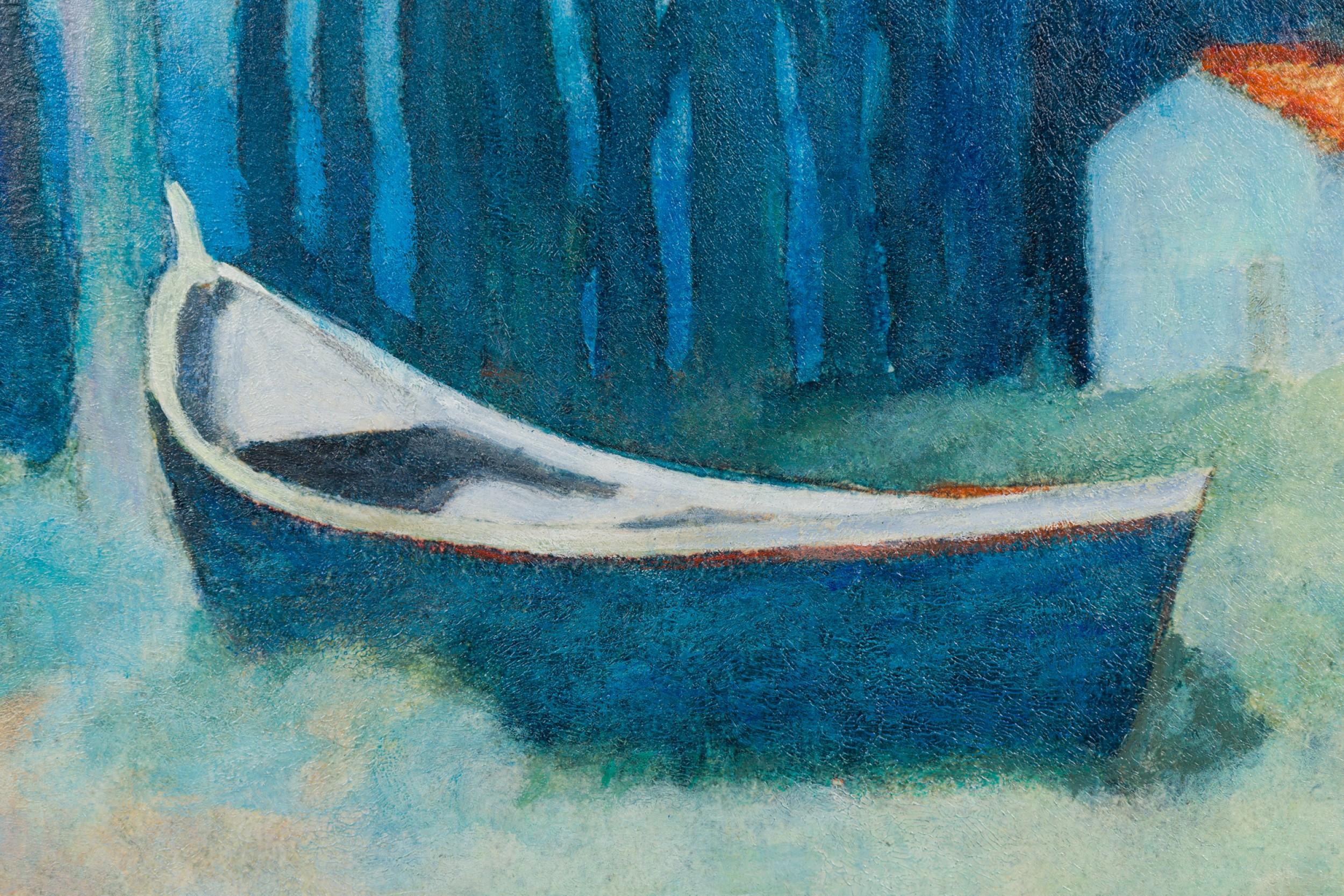 Américain Paysage d'un bateau bleu sur un terrain vert en vente