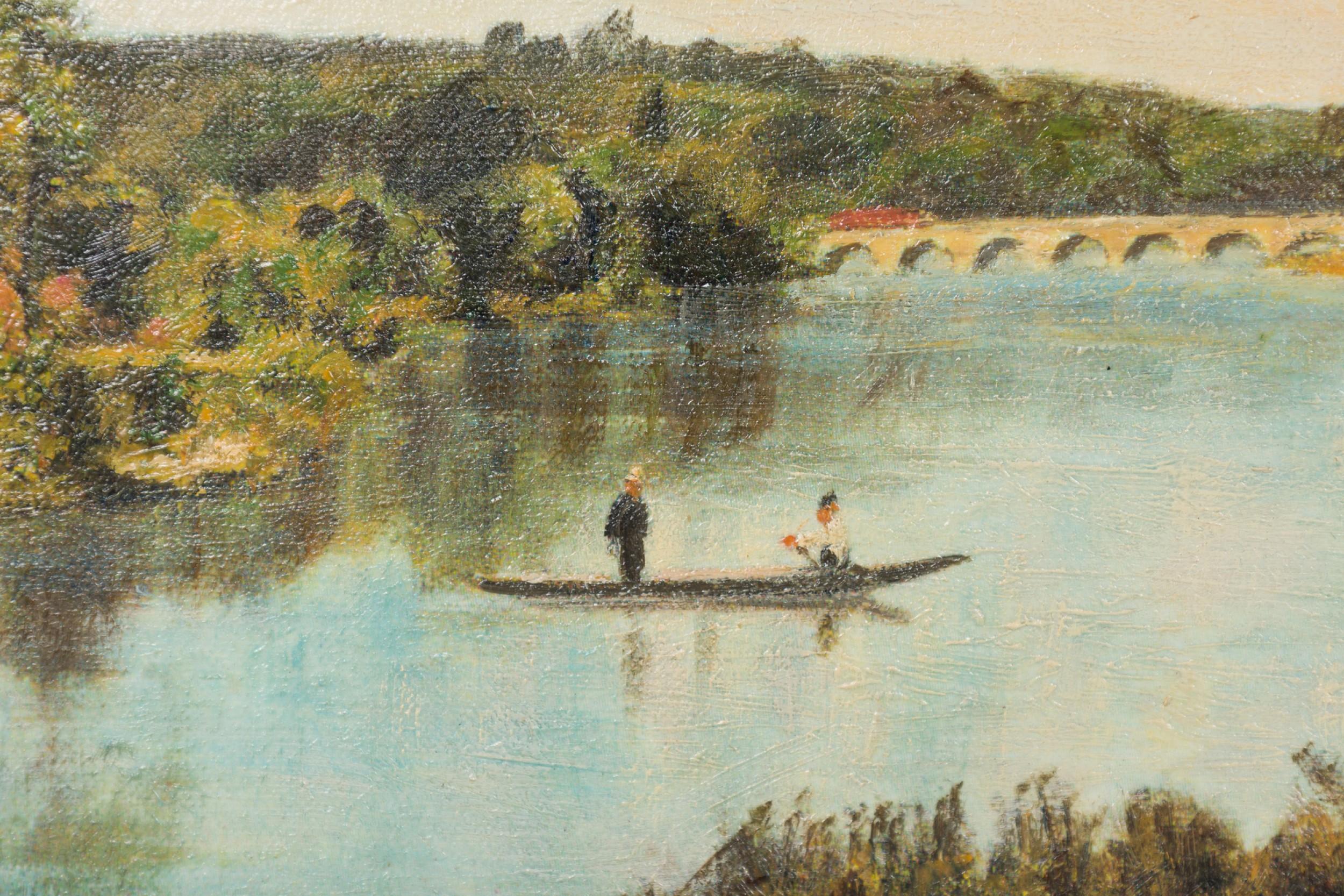 Landschaft von Häusern an einem Fluss (amerikanisch) im Angebot