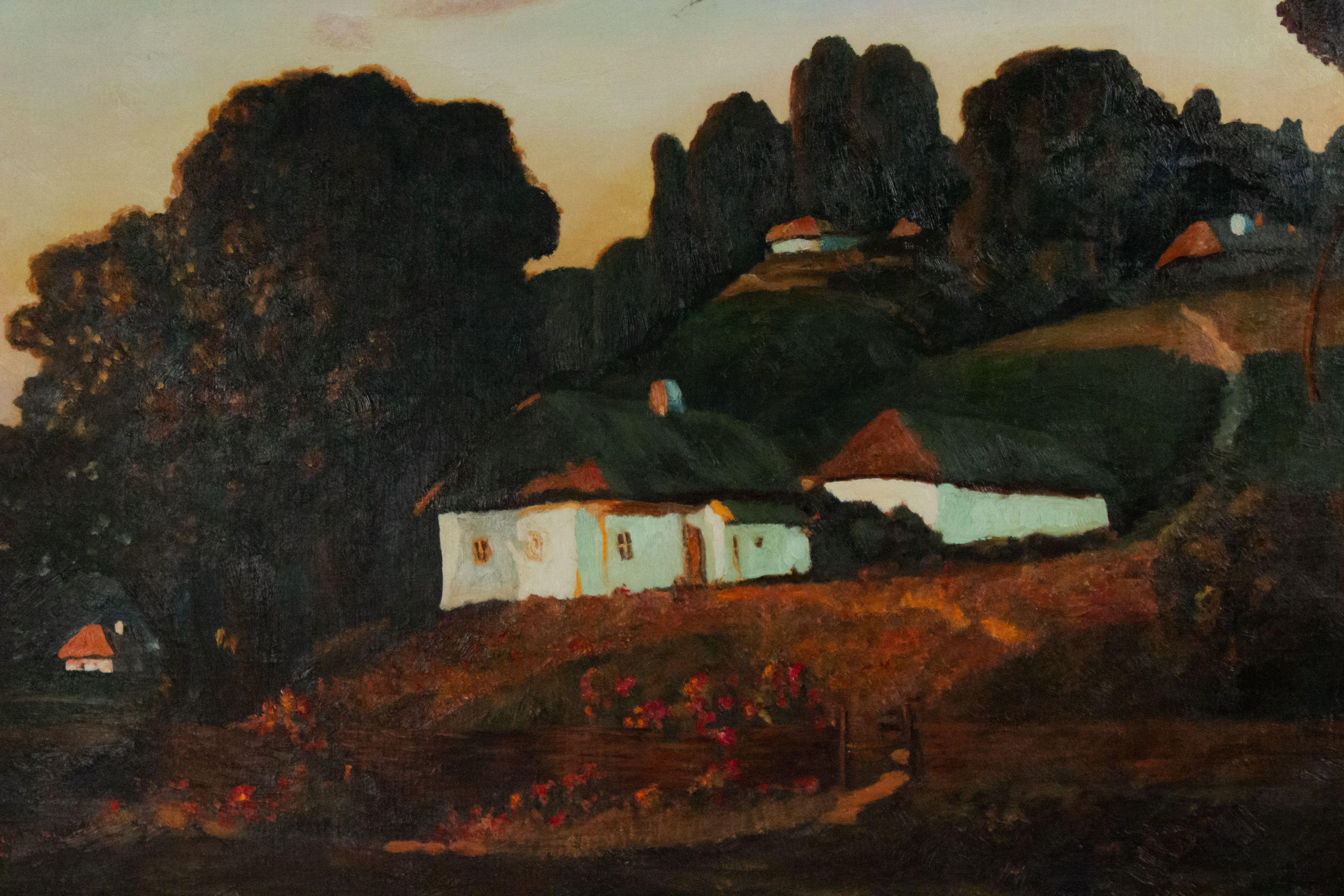 Kopie eines impressionistischen Landschaftsgemäldes, das Häuser in einem Wald an einem Hang zeigt