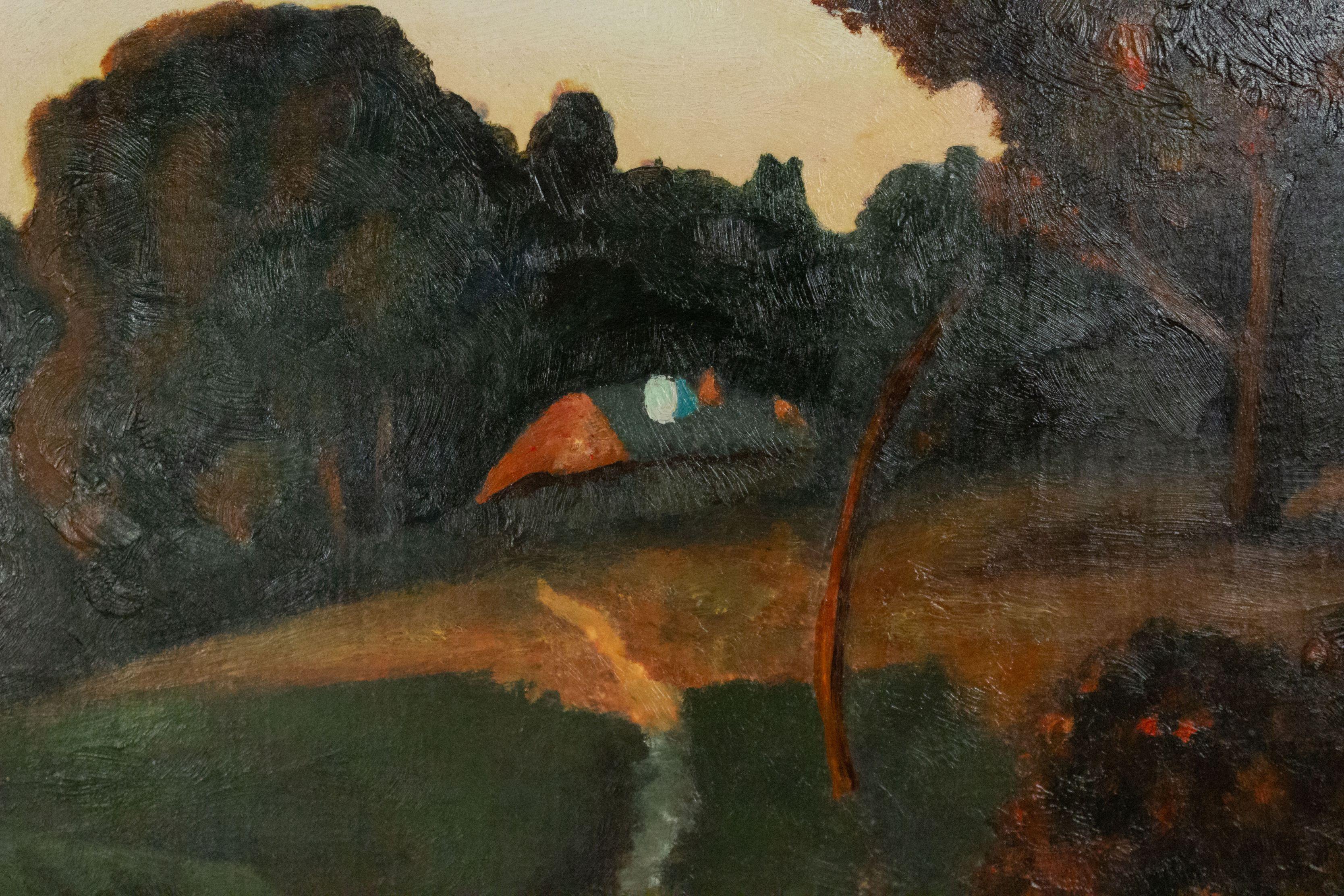 Landschaft der Häuser in den Wäldern (Handbemalt) im Angebot