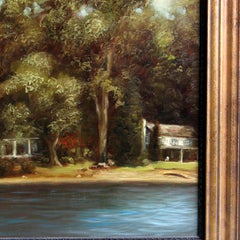 Landscape Oil on Board Painting of Lakeside Scene in Giltwood Frame 20th C
