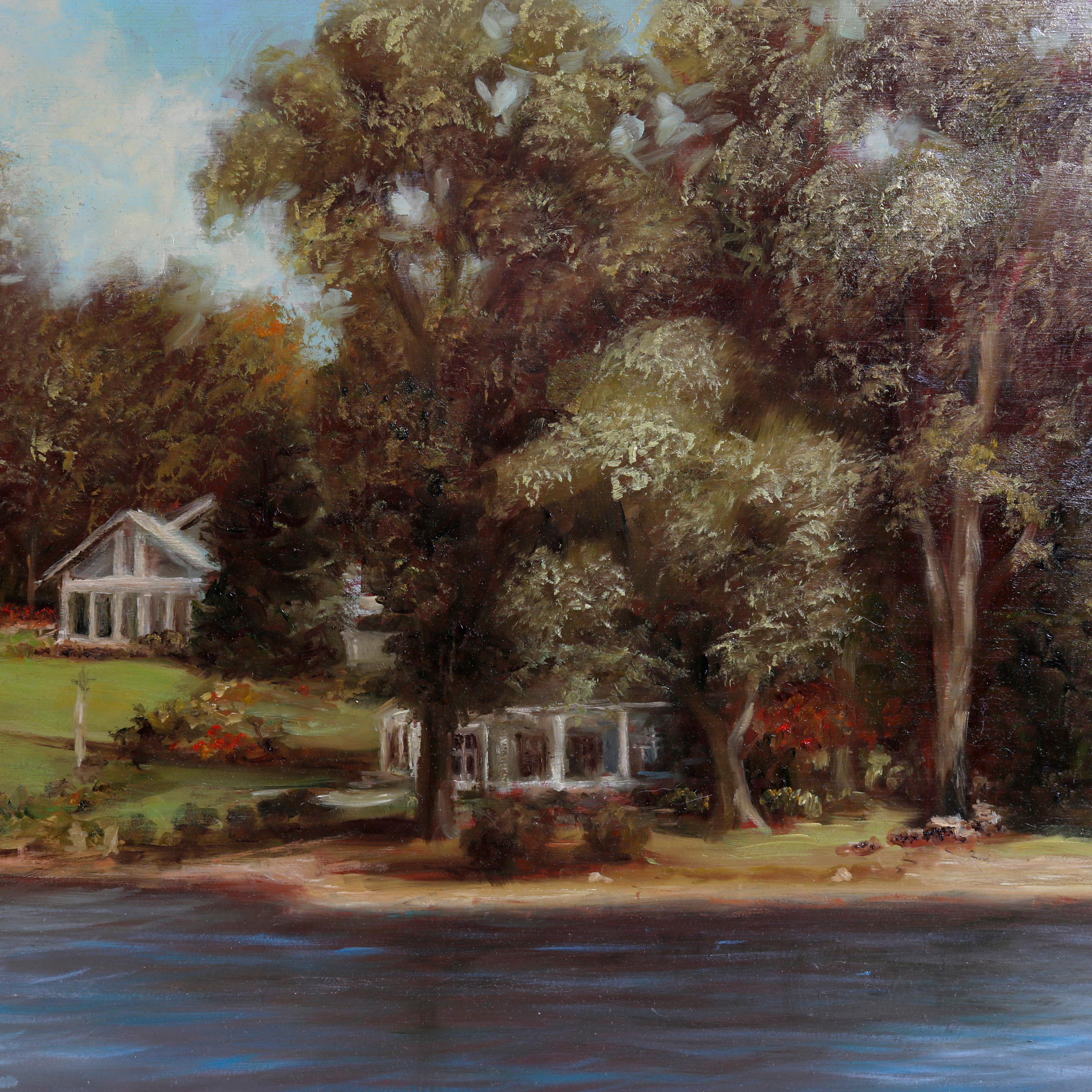 Hand-Painted Landscape Oil on Board Painting of Lakeside Scene in Giltwood Frame 20th C For Sale