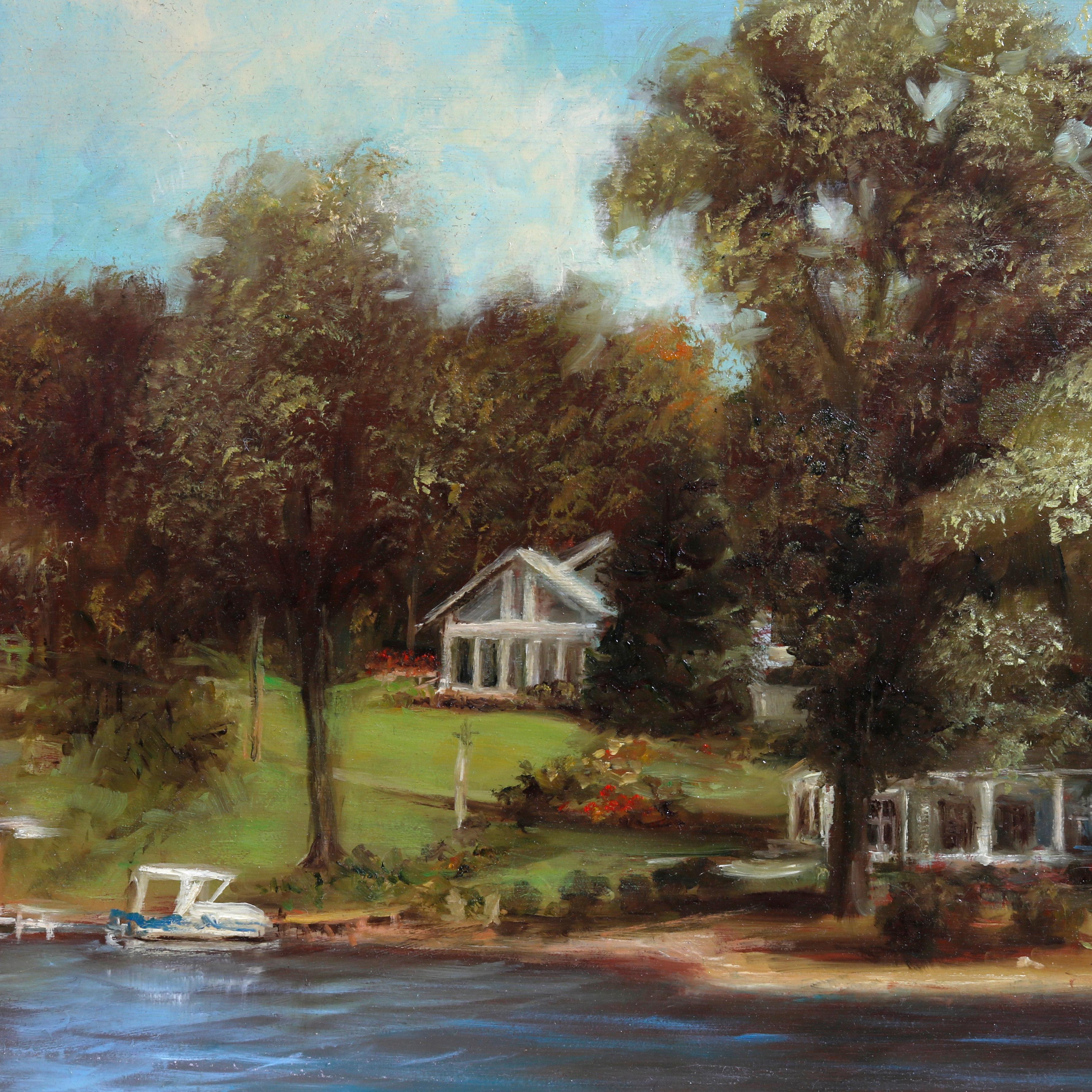 Landscape Oil on Board Painting of Lakeside Scene in Giltwood Frame 20th C In Good Condition For Sale In Big Flats, NY
