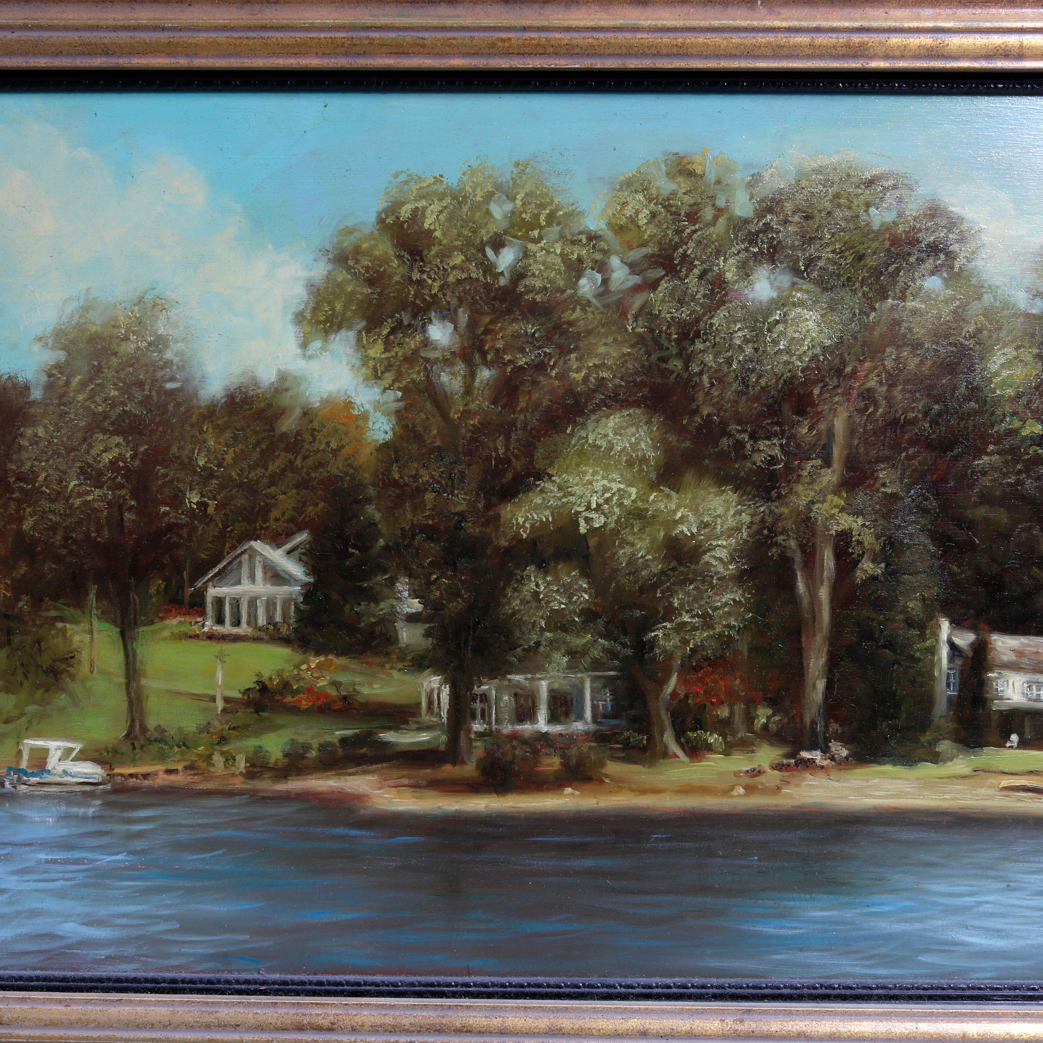 20th Century Landscape Oil on Board Painting of Lakeside Scene in Giltwood Frame 20th C For Sale