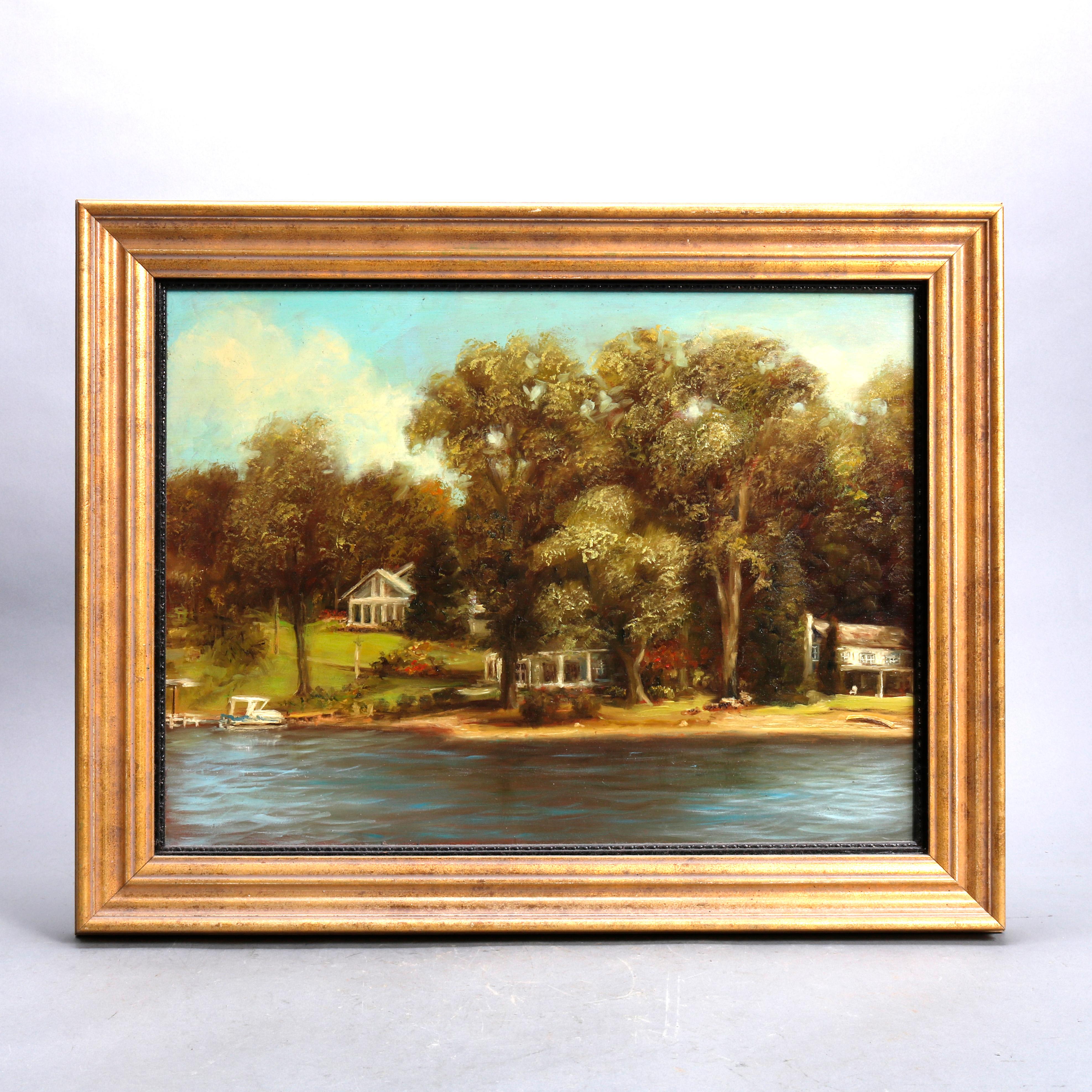 Landscape Oil on Board Painting of Lakeside Scene in Giltwood Frame 20th C For Sale 1