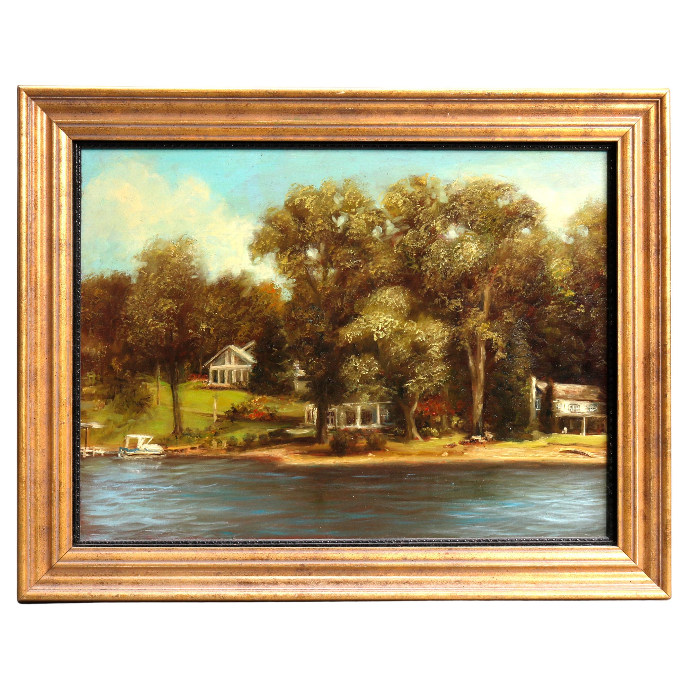 Landscape Oil on Board Painting of Lakeside Scene in Giltwood Frame 20th C