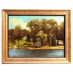 Landscape Oil on Board Painting of Lakeside Scene in Giltwood Frame 20th C
