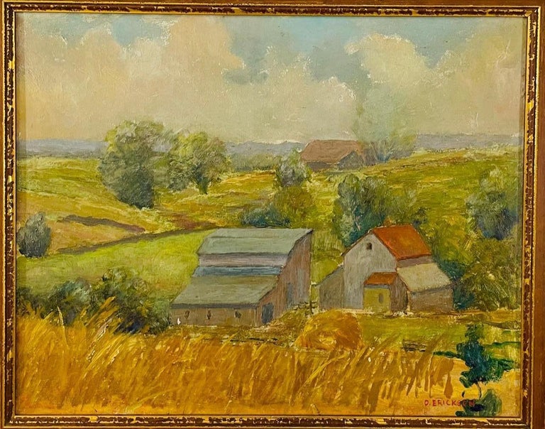A landscape oil on board painting of a farm scene signed by O.Erickson possibly after Oscar Erickson (American 1883-1968). The painting is presented in its original wooden hand craved frame and is signed in the bottom. 

Dimensions: 24.25