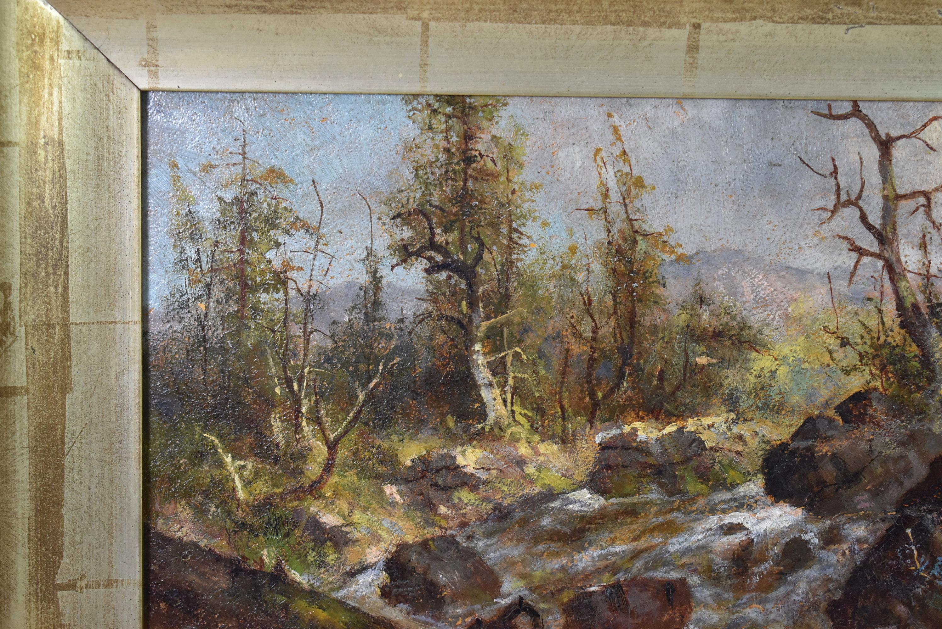 Paysage montagneux avec ruisseau par l'artiste californien Meyer Straus 1831- 1905. Straus est né en Allemagne. Il a déménagé aux États-Unis et a vécu dans plusieurs États. A déménagé à la Nouvelle-Orléans à l'âge de 41 ans. Il a terminé la dernière