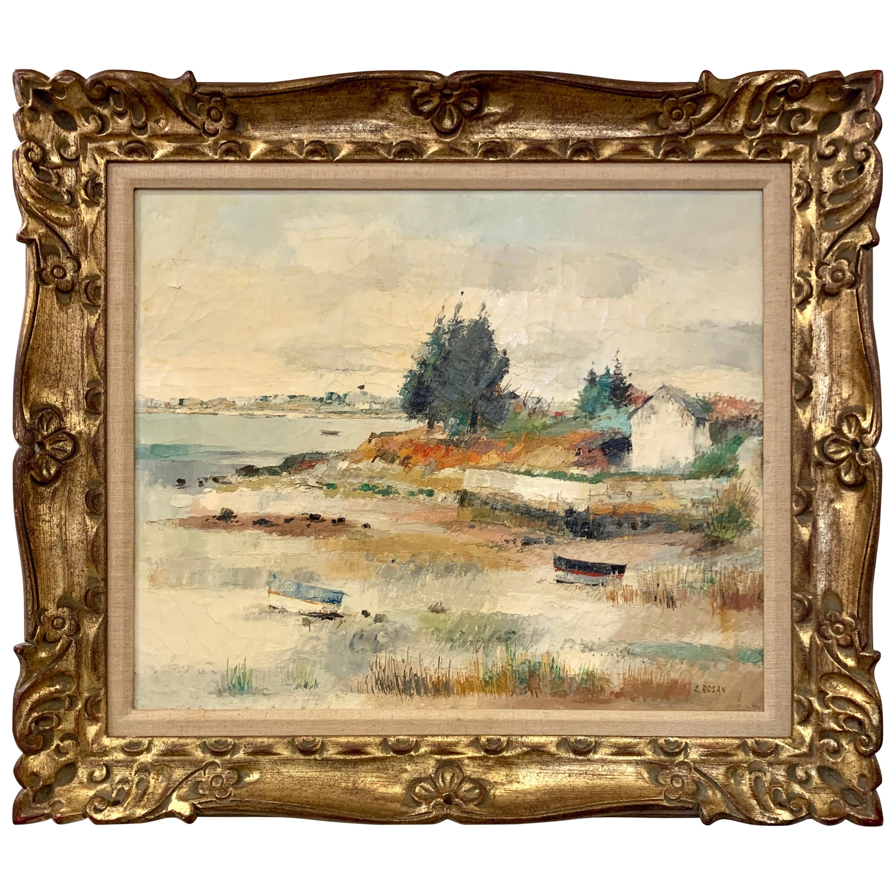 Landscape Oil Painting Original Artist Signed L. Rosan Gilt Frame For Sale