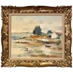 Peinture à l'huile de paysage avec cadre doré signé par l'artiste d'origine L. Rosan