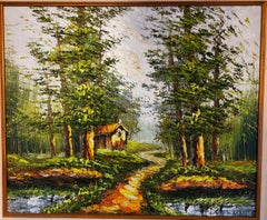 Landscape Oil Painting Signed DORFMAN Vintage Cabin in Woods