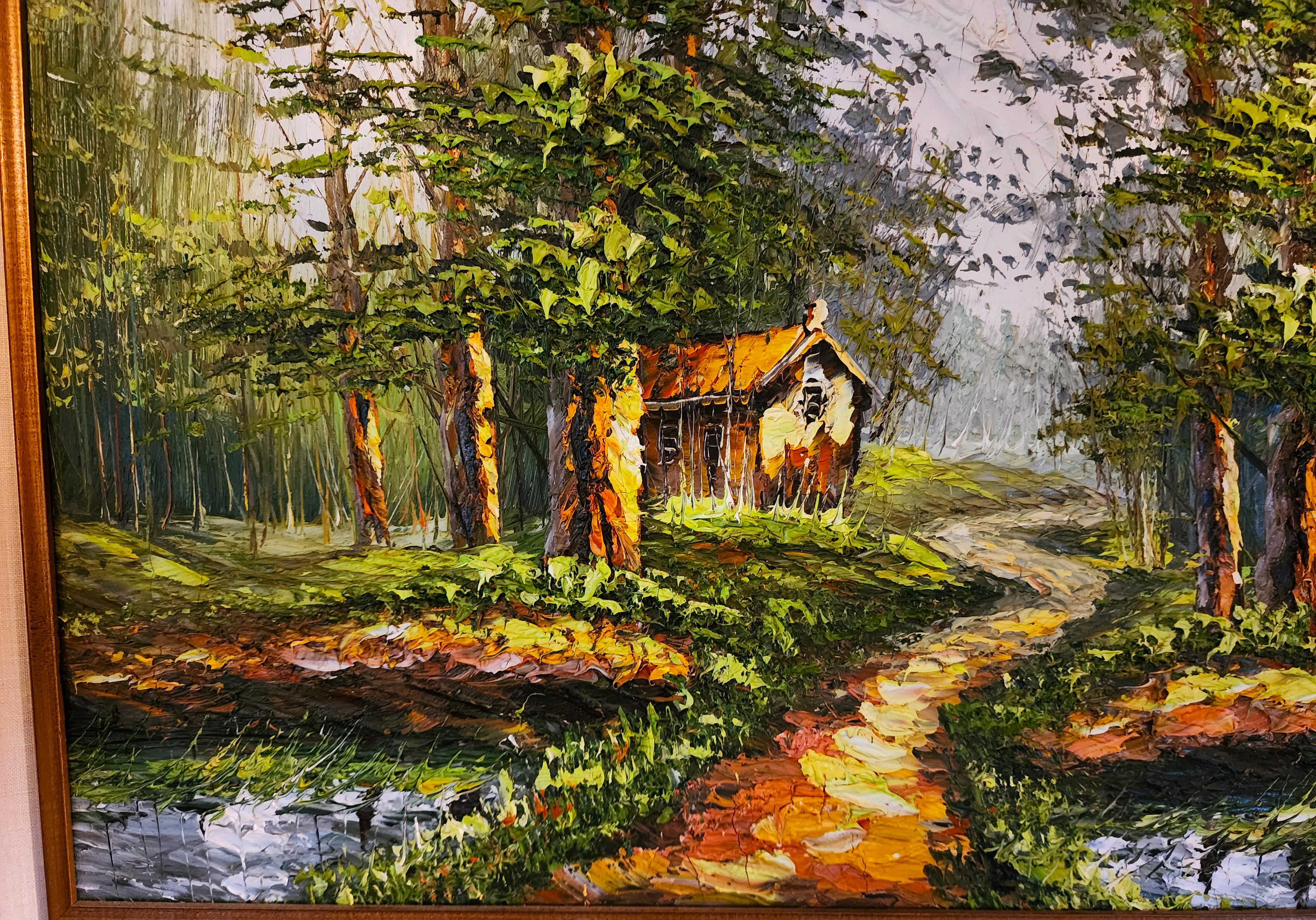 pinturas de cabañas en el bosque