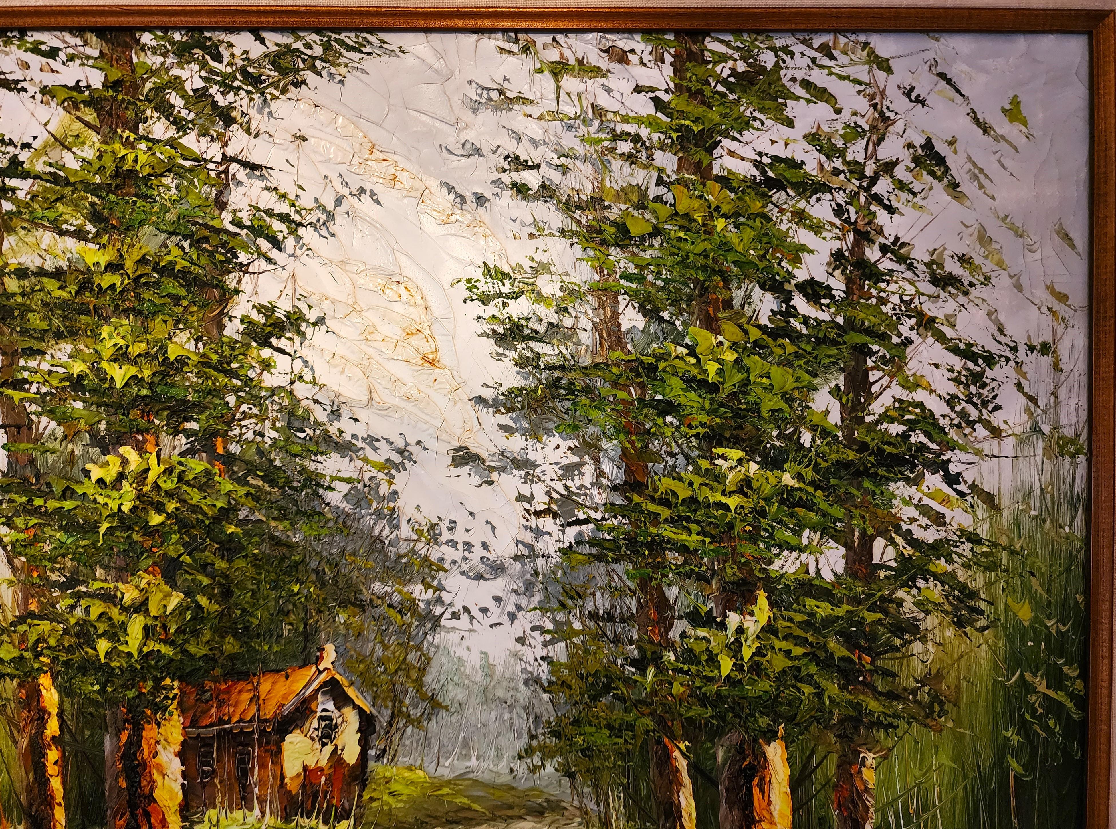 Paisaje Pintura al óleo Firmado DORFMAN Vintage Cabaña en el bosque en Bueno Estado en Lake Worth, FL
