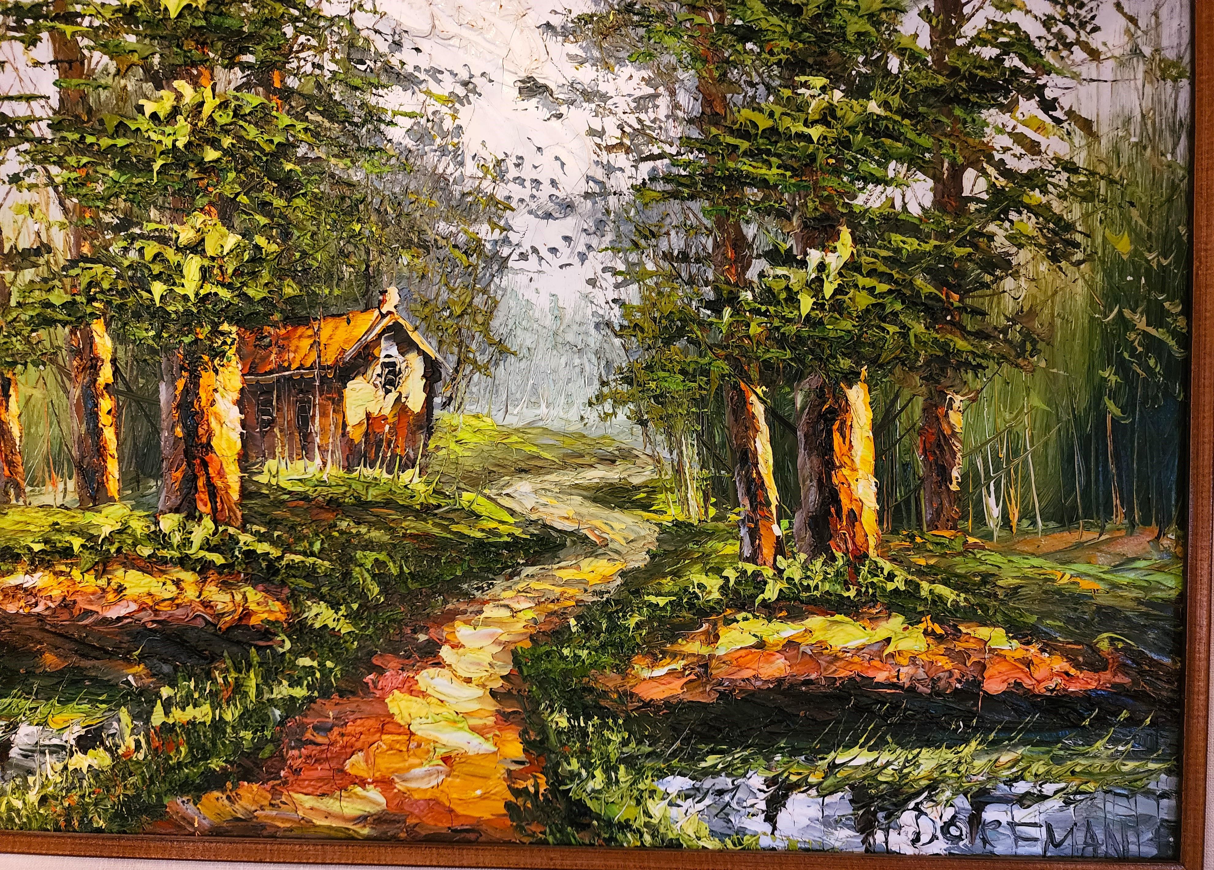 Paisaje Pintura al óleo Firmado DORFMAN Vintage Cabaña en el bosque siglo XX