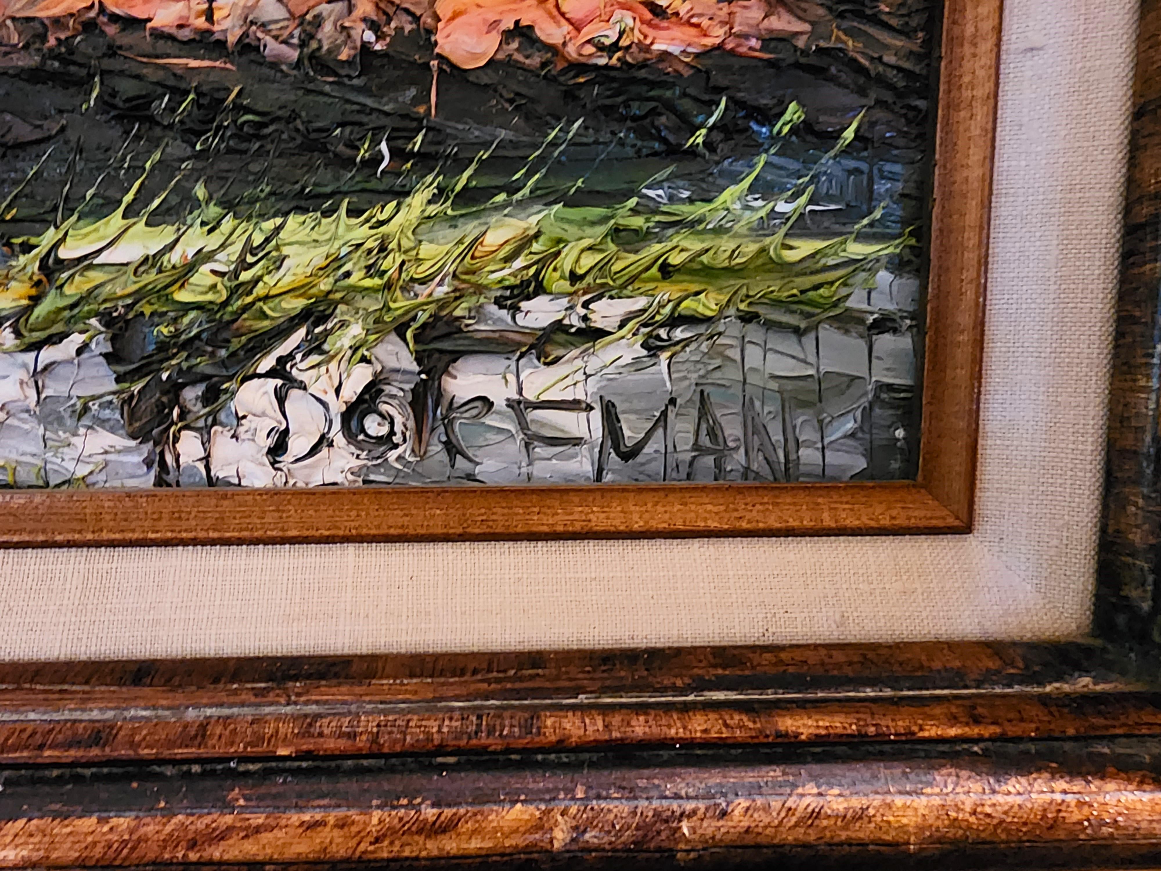 Paisaje Pintura al óleo Firmado DORFMAN Vintage Cabaña en el bosque Lienzo